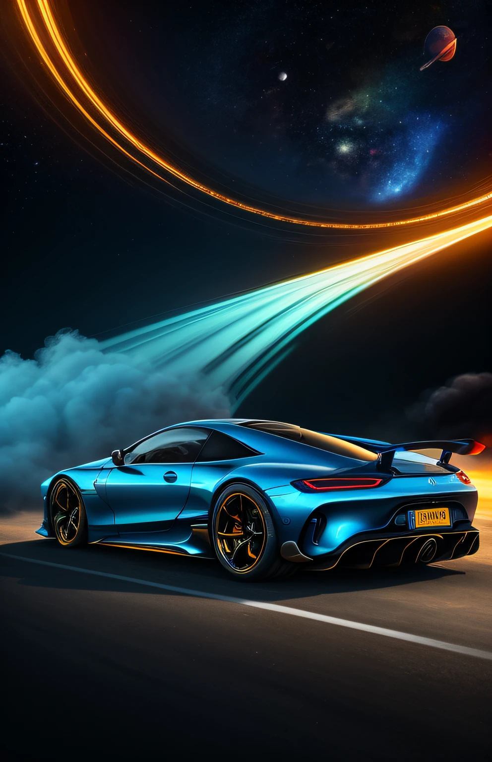 (masterpiece), melhor qualidade, ultra-detalhado, cyber hypercar car scene,[suave colorido:1.2],[blue swirling smoke:1.2], legendary, [paisagem urbana futurista: 1.3], outer space, mercedez benz, sombra suave.