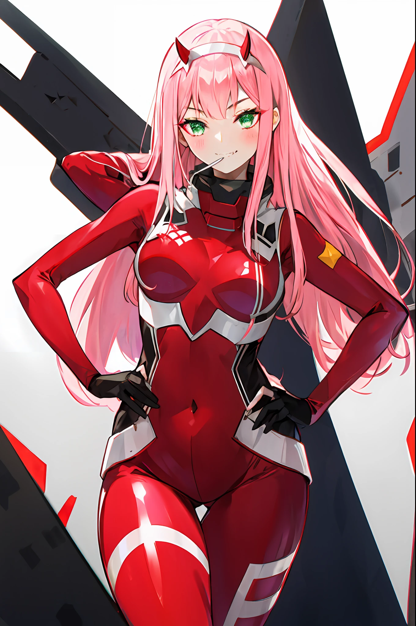 zero two \(darling in the franxx\), darling in the franxx, 1girl, bangs, biting, blush, covered navel, eyeshadow, green eyes, hair behind head, hand on hip, horns, smile, long hair, looking at viewer, makeup, medium breasts, pilot suit, red suit, pink hair, red eyeshadow, science fiction, skin tight, solo