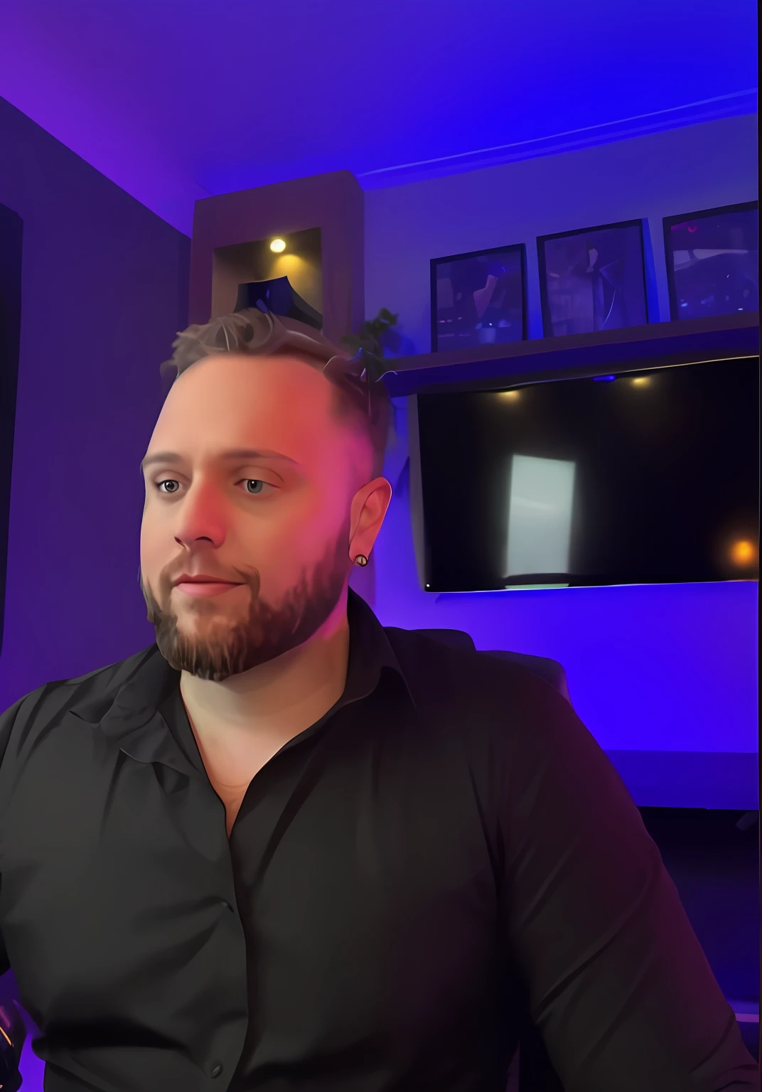 there is a man that is sitting in front of a tv, Streamer do Twitch / Jogador Ludwig, Streamer do Twitch, low quality video, youtube video screenshot, Streaming na Twitch, na frente de um fundo preto, Miniatura do YouTube, neon lights in background, Filmagens de baixa qualidade, neon lights in background, Anton Fadeev 8 K, looking to the side off camera