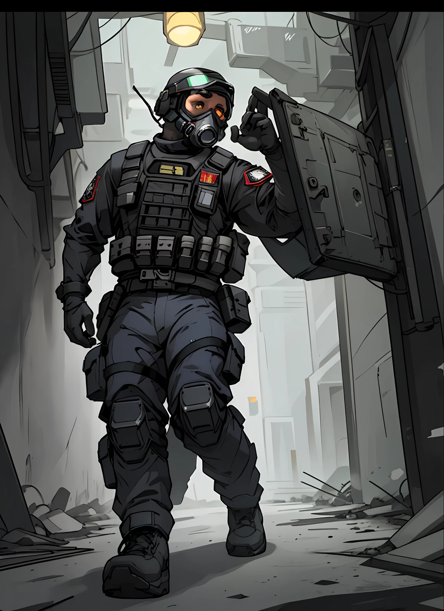 syberart, cinematic scene, portrait of spec ops soldier lurking in abandoned underground scp complex, dark, grim, dramatic, eerie, black uniform, spec ops helmet with visor, gas mask, sas, gsg-9, swat, tactical equipment, artificial light