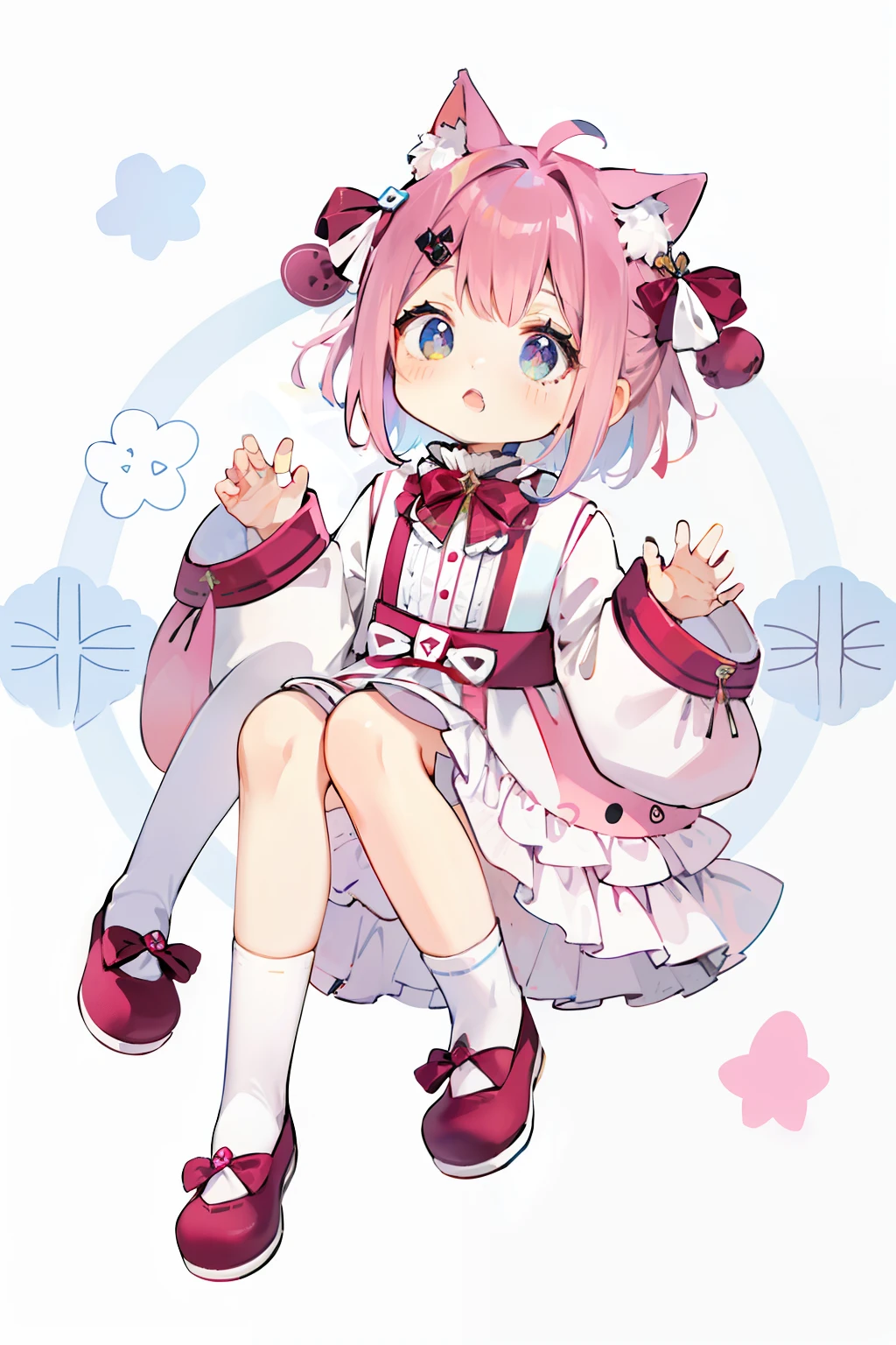 A pink-haired,Fan star eyes,Pink and white clothes,cat ear