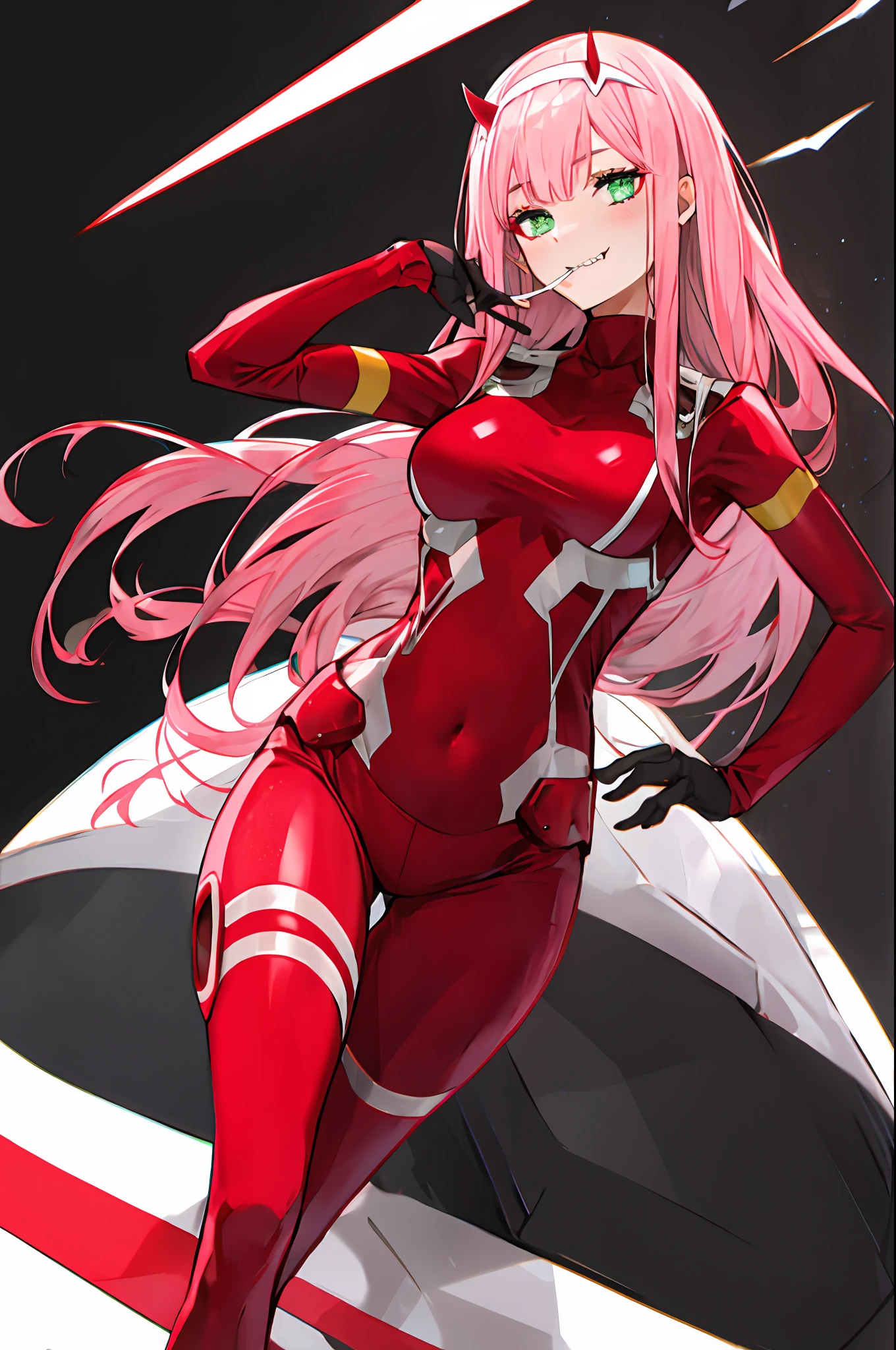 zero two \(darling in the franxx\), darling in the franxx, 1girl, bangs, biting, blush, covered navel, eyeshadow, green eyes, hair behind head, hand on hip, horns, smile, long hair, looking at viewer, makeup, medium breasts, pilot suit, red suit, pink hair, red eyeshadow, science fiction, skin tight, solo