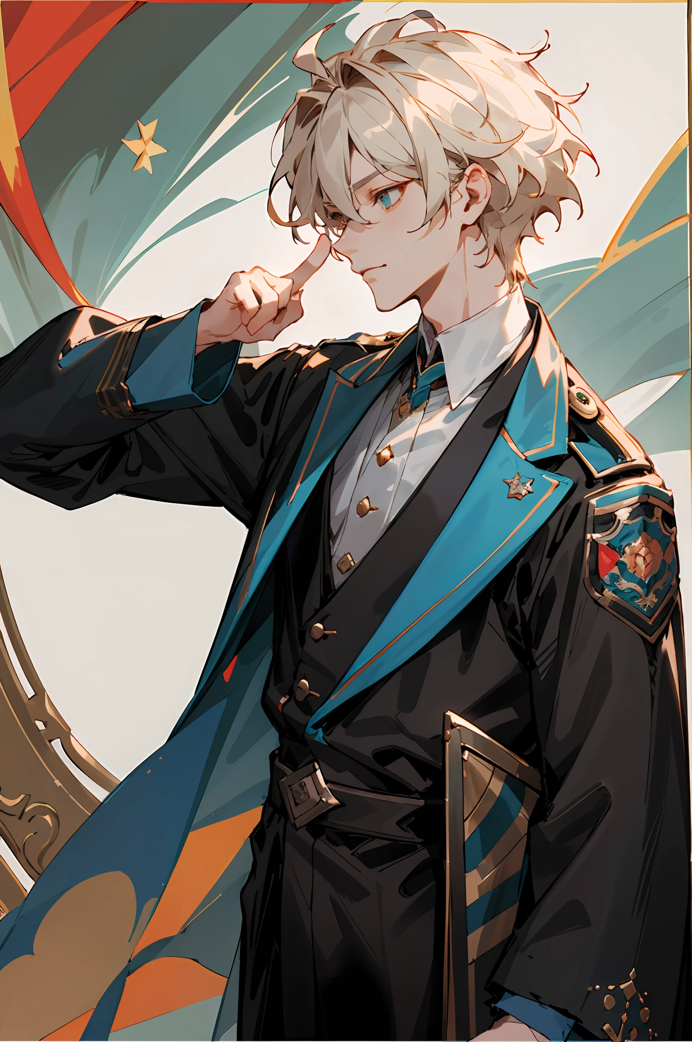 someone is pointing at something with their finger, a picture inspired by Jang Seung-eop, reddit, realism, Very, Very, very high quality picture with index finger, /gamer ludwig,, Profile picture 2k，Mana shot out of his hand to a very handsome face，Elaborate Eyes，Detailed dressing，No subtitles，There is a badge on the clothes，Normal hands