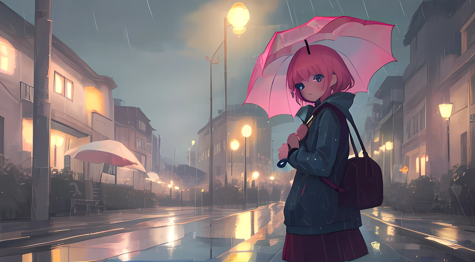 A girl standing in the rain with an umbrella, Blue eyes, Pink hair, and street lamps around him