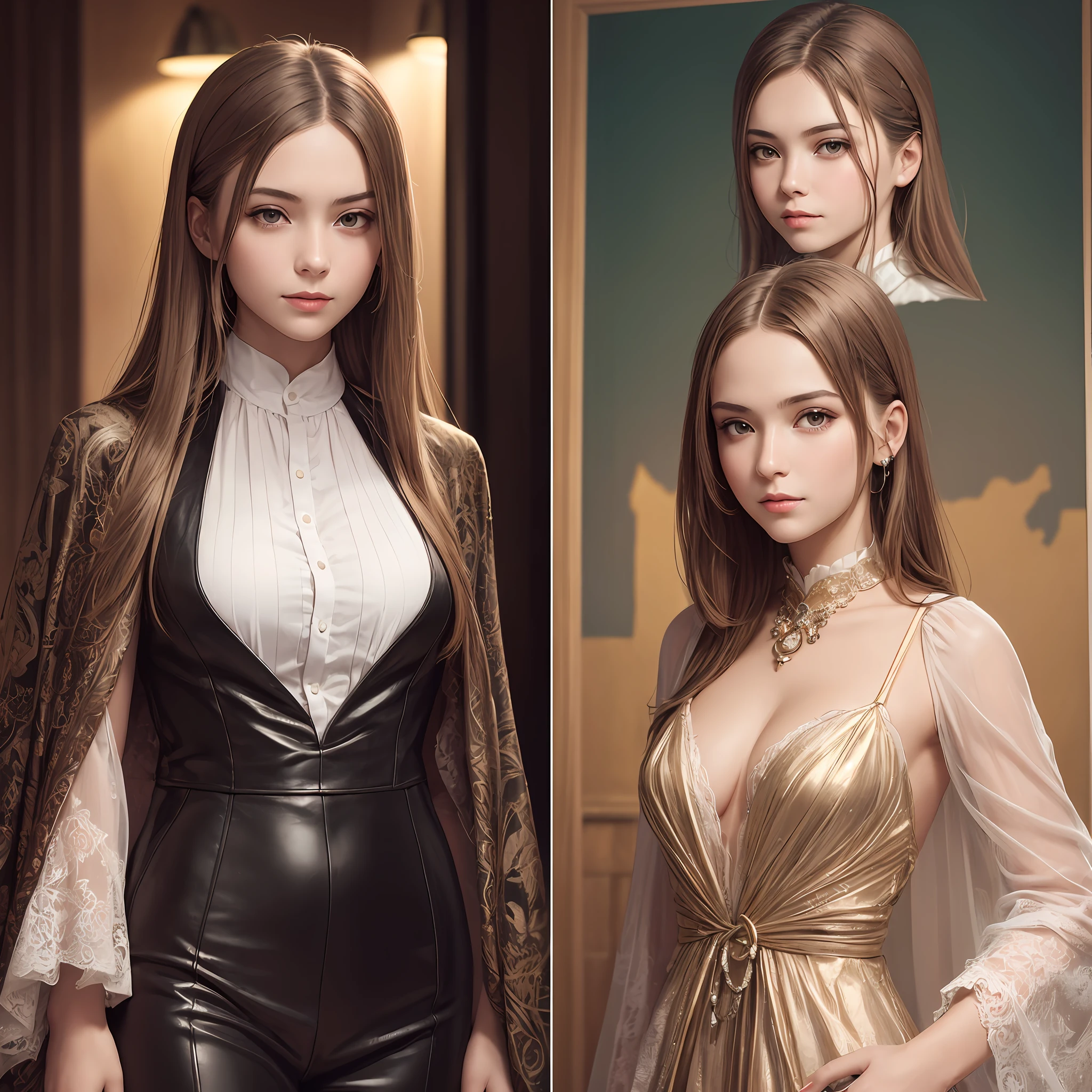Surrealist portraits of women by David Hockney and Alphonse Mucha,Fantasyart,photographrealistic,动态照明,artstation,poster for,Volumetriclighting,Very detailed faces,4 k,Award-Awarded,,1girl,in the darkness nigth,deep shading,low tune,Cowboy photos,(formal outfit:1.4),length hair,It's not a smile,Sassy --auto