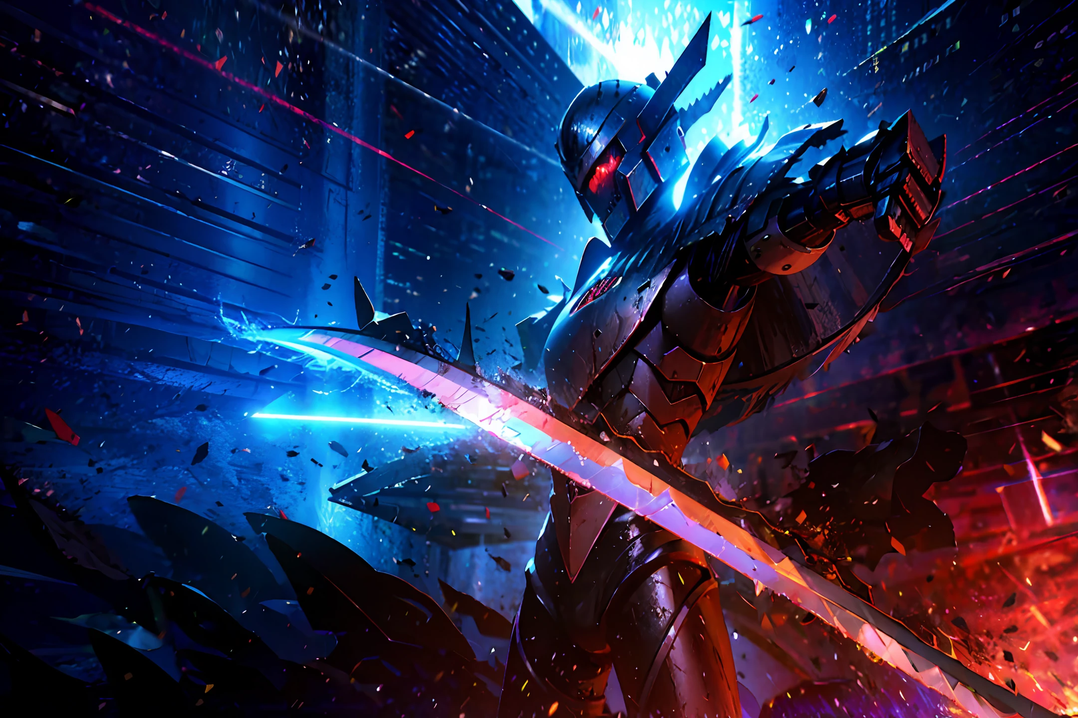 Berserk Robot,With a 5-meter machete,Lightning background,Elegant lines,3D style,