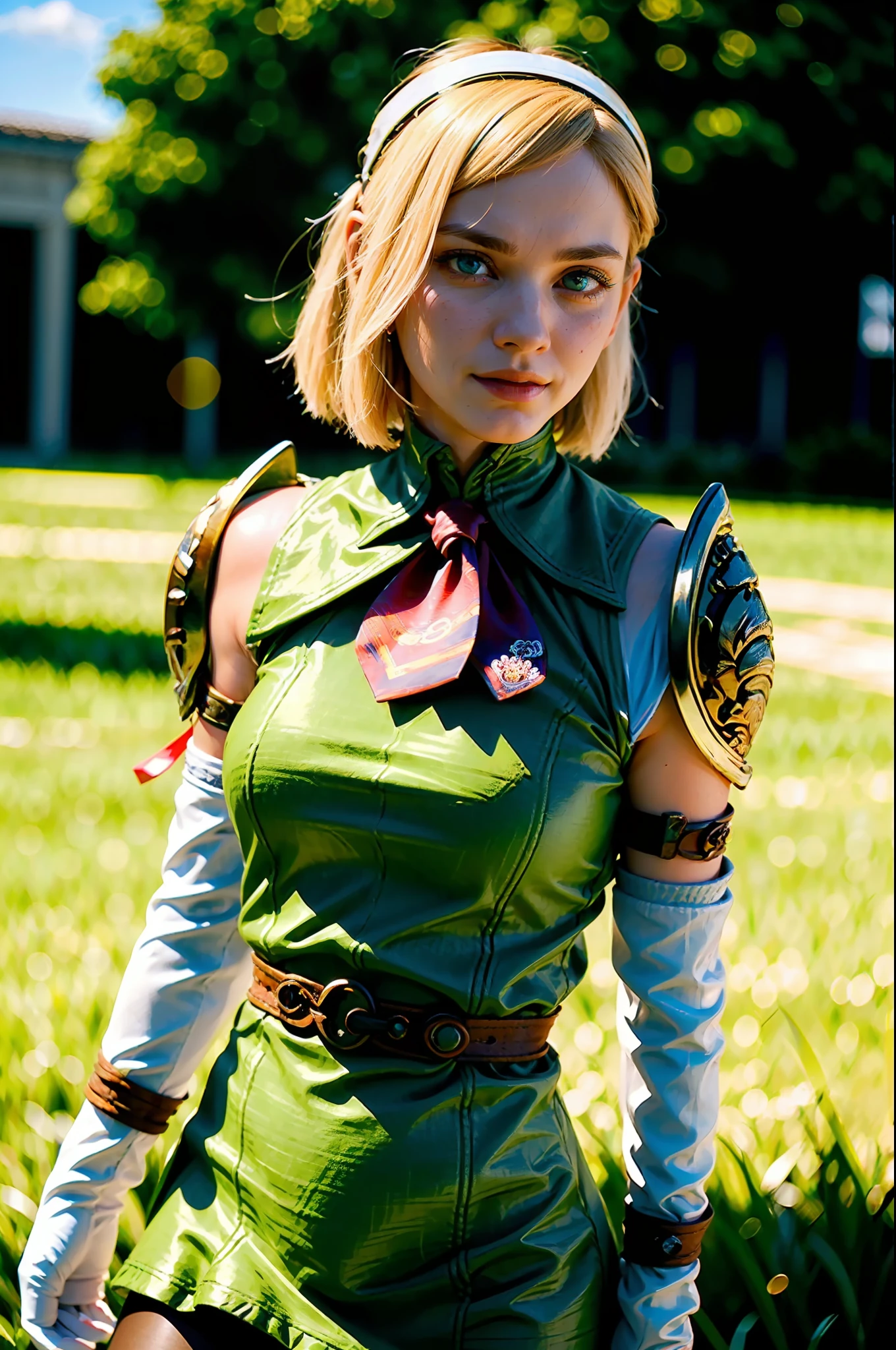 Cassandra Alexandra, (hairband, armor, blue dress, necktie, pantyhose, elbow gloves, blonde hair:1.5), (green eyes:1.2), 1girl, seductive expression, sexy eyes, big breasts, smile, cute, looking at viewer, (breast focus:1.2), (realistic:1.2), (cowboy shot:1.2), (realistic:1.4), (masterpiece:1.2), (best quality), (ultra detailed:1.5), (8k, 4k, intricate), (85mm), light particles, lighting, (highly detailed:1.2), (detailed face:1.2), (gradients), colorful, (detailed eyes:1.2), (in a green field:1.2) (detailed background), (dynamic angle:1.2), (dynamic pose:1.2), (rule of third_composition:1.3), (Line of action:1.2), daylight, solo.