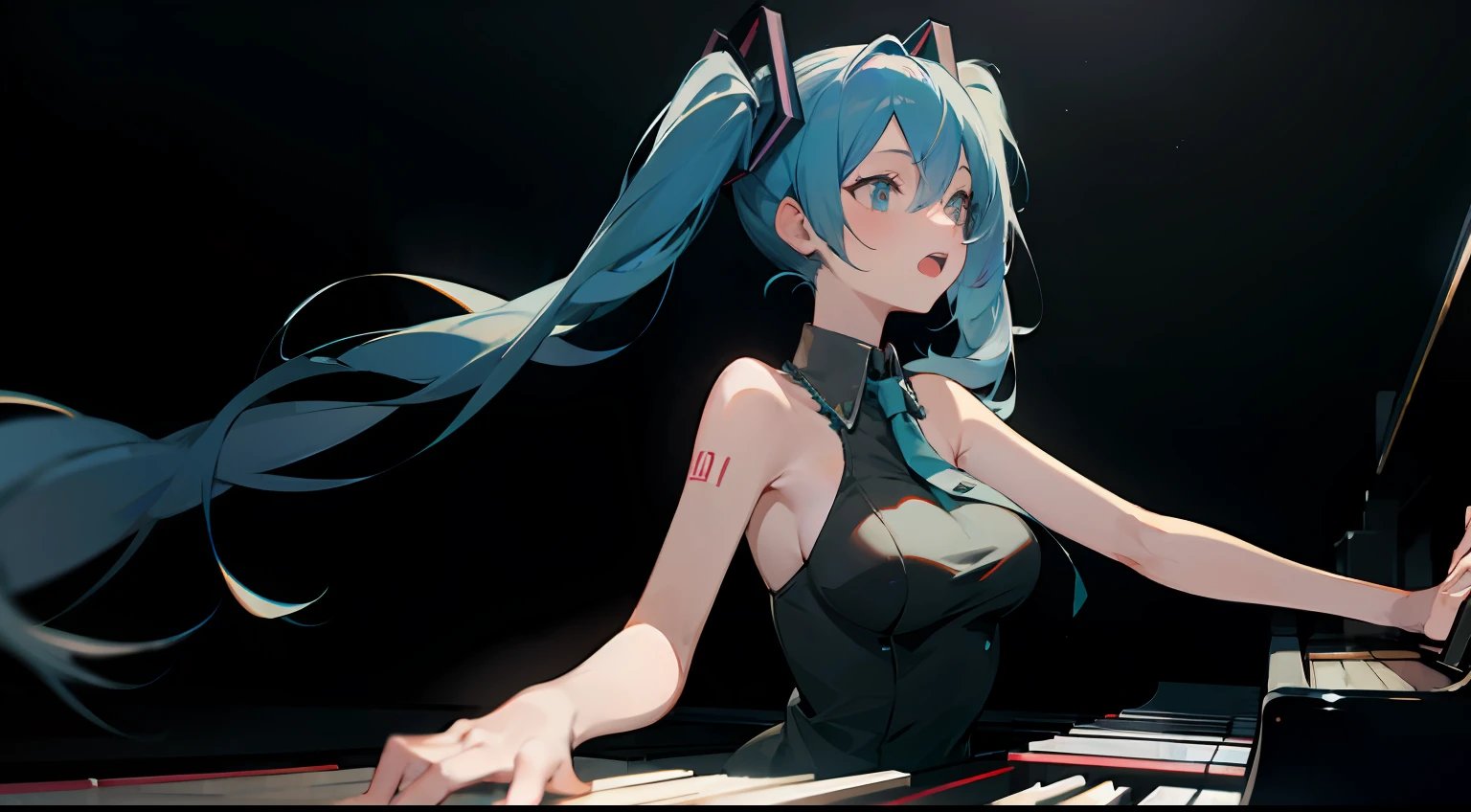 Big breasts Hatsune Miku，Against a dark background，The light shines，Half playing the piano and singing。