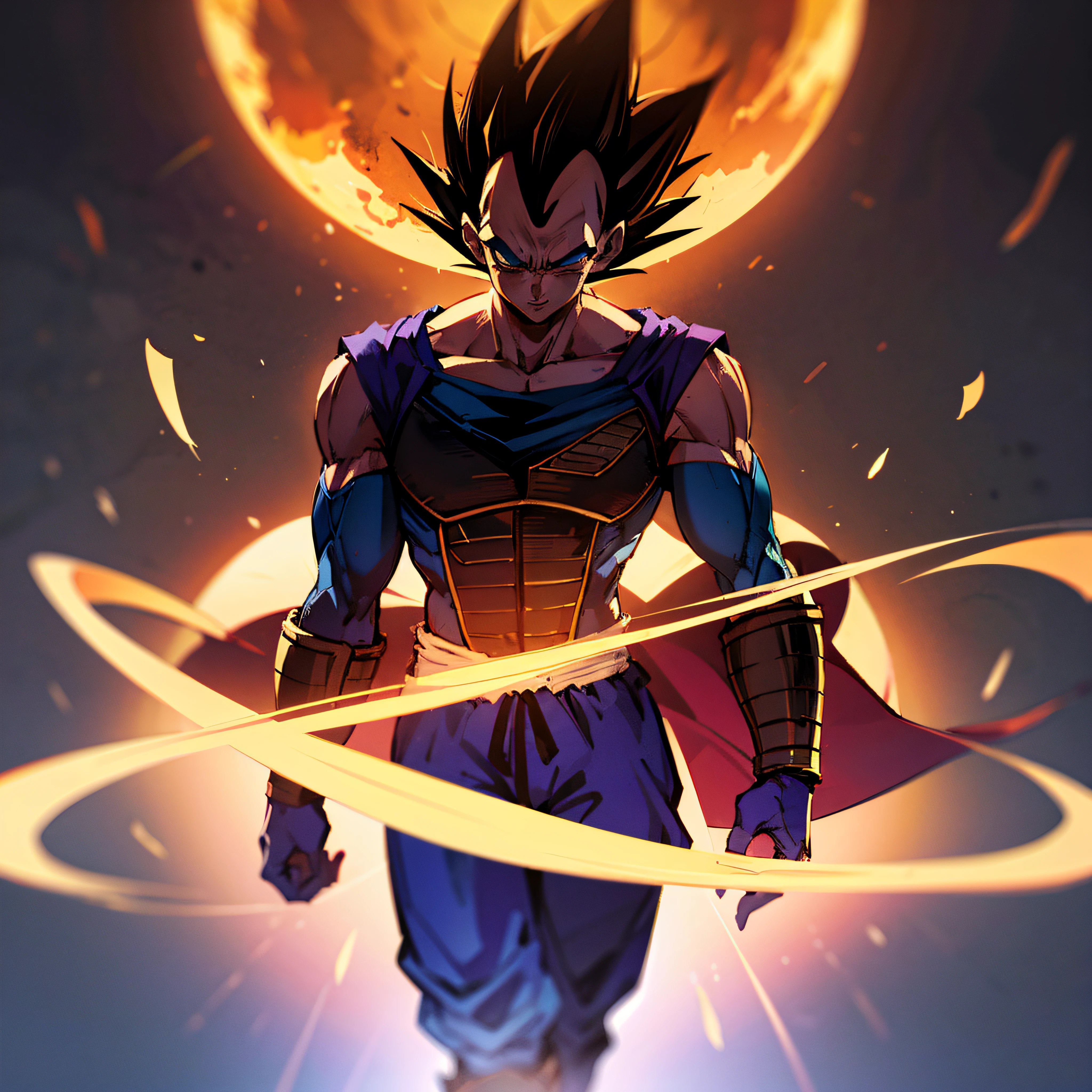 "A realistic Vegeta from Dragon Ball Z drinking coffee, with vivid gazes towards the camera and exuding high energy, surrounded by contrasting shadows and wearing an impeccable sombrero and clothes, as he prepares for his next fight."