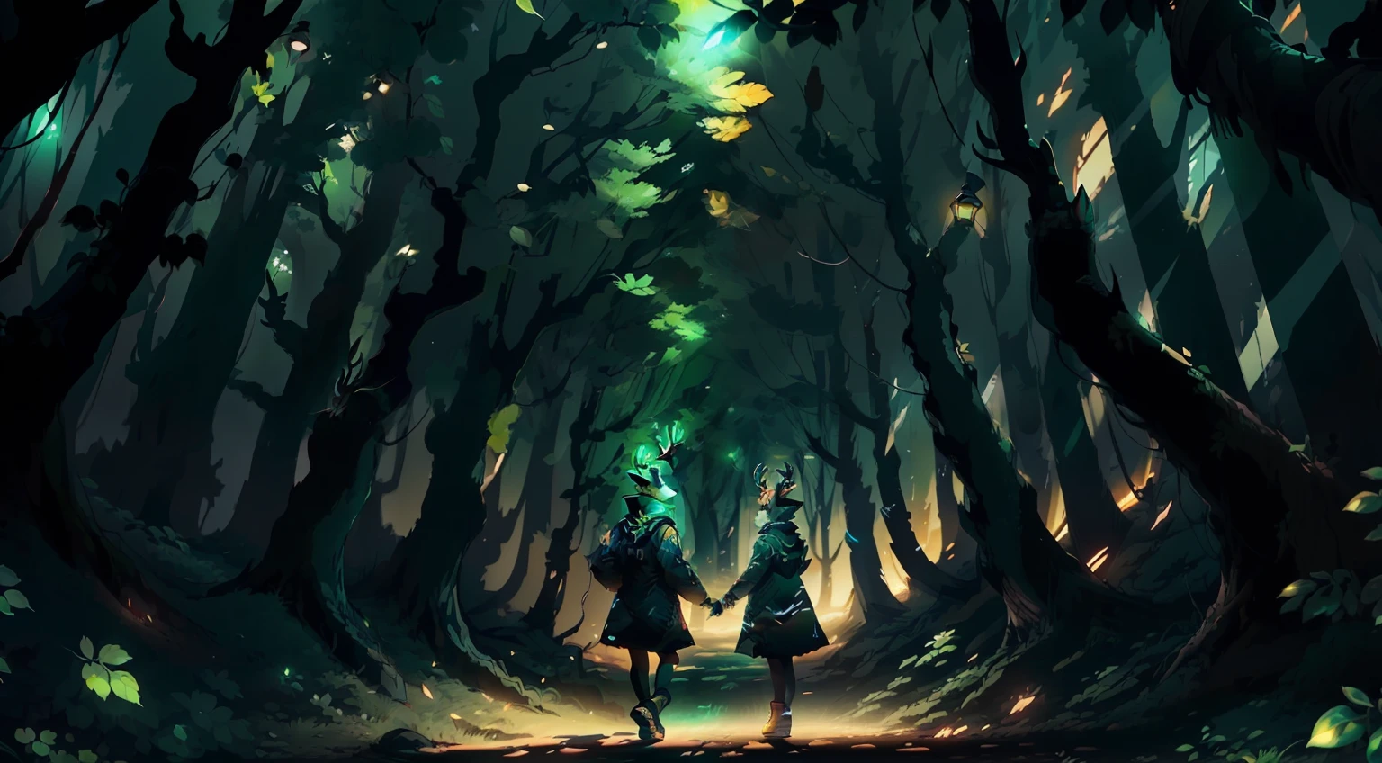 ((best qualtiy)), ((tmasterpiece)), (the detail),(( Anthropomorphic illustration)),Deer are as big as girls,There was a deer next to the girl,A girl and an elk stand in the forest,The girl and the elk's head rested,warmth,deers,The antlers are large,abyssal,Fluorescent forest,green color,cold shades,aquarelle,with light glowing,Metallic glass,Neon lights,Low saturation,Estilo de Makoto Shinkai,style of anime,C4D --auto