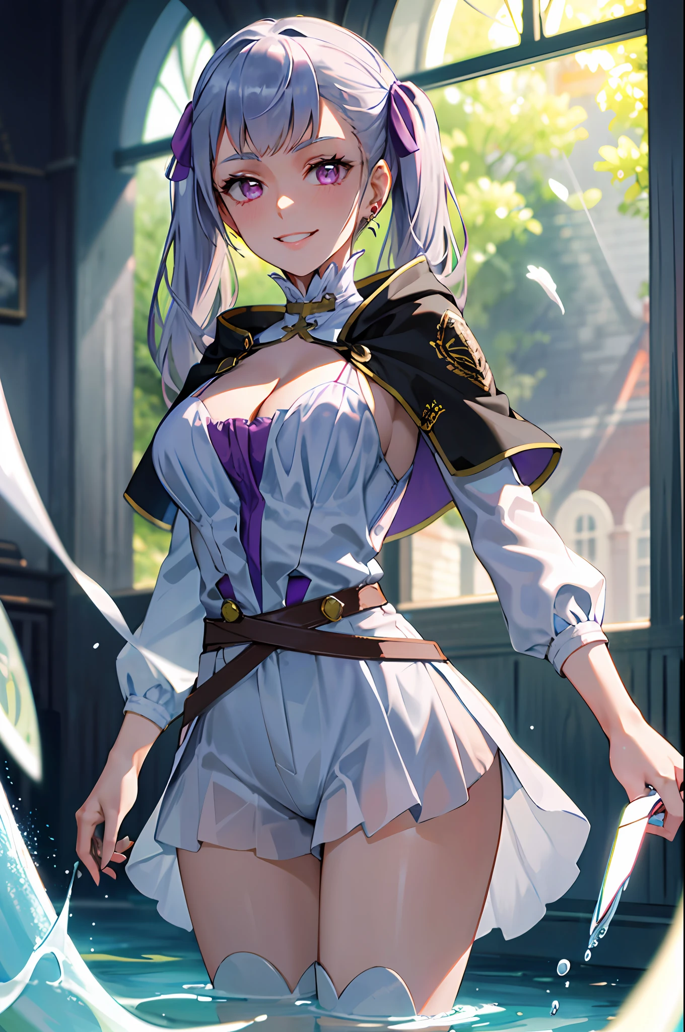 1girl, cowboy shot, beautiful noelle_silva,long hair ,twintails, bangs, earring,jewelry, silver hair,purple eyes, mage_dress,white dress, cleavage, capelet,long sleeves, water, medium breast ,smile,room,indoors, front light, volumetric lighting, best quality, masterpiece, intricate details, tonemapping, sharp focus, hyper detailed, trending on Artstation,