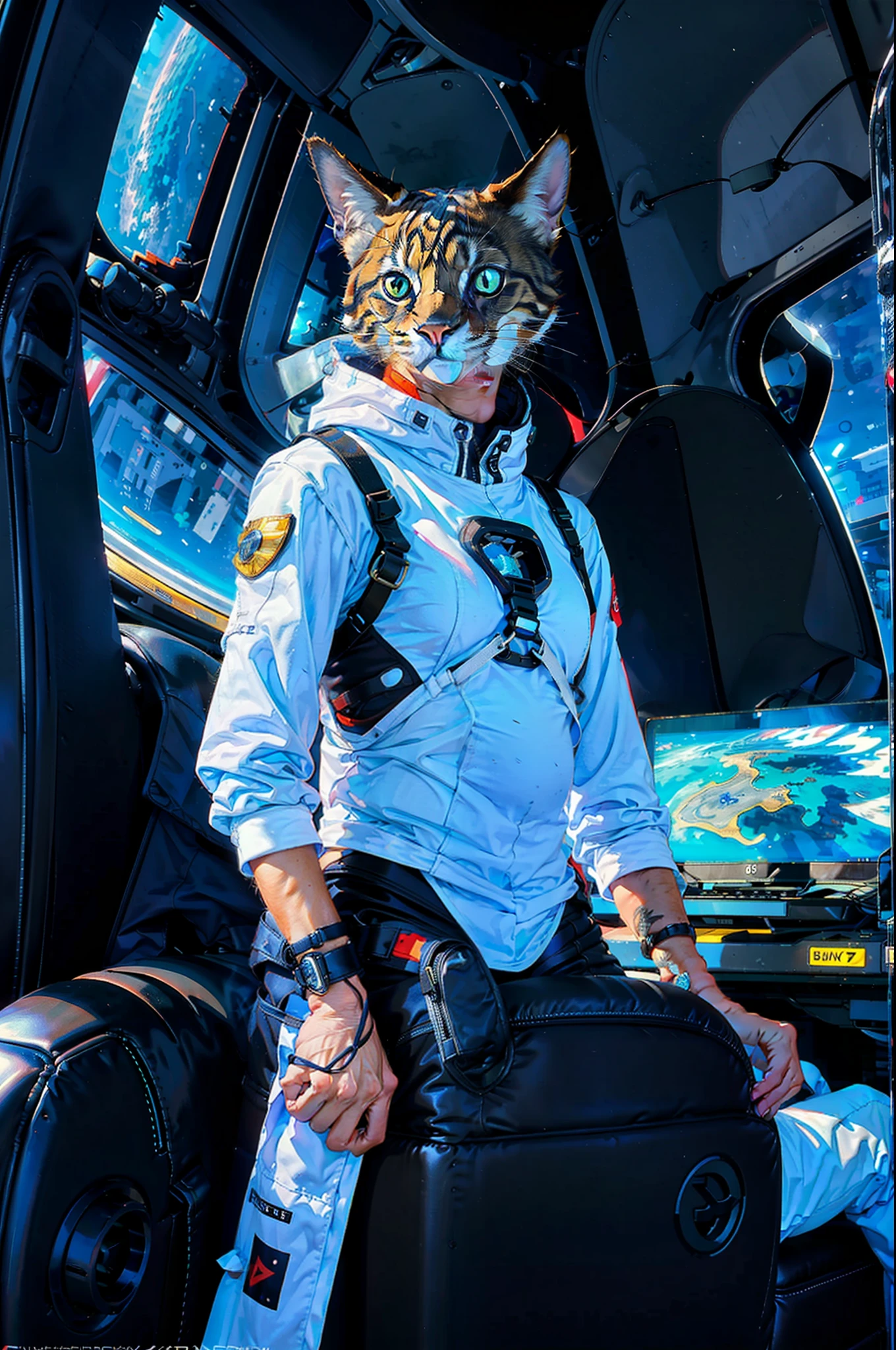 Humanoid cat cyborg, detailed, 8k, a cat in a space suit standing on a street, computer graphics by Chris LaBrooy, cgsociety, space art, unreal engine 5, reimagined by industrial light and magic, unreal engine 5