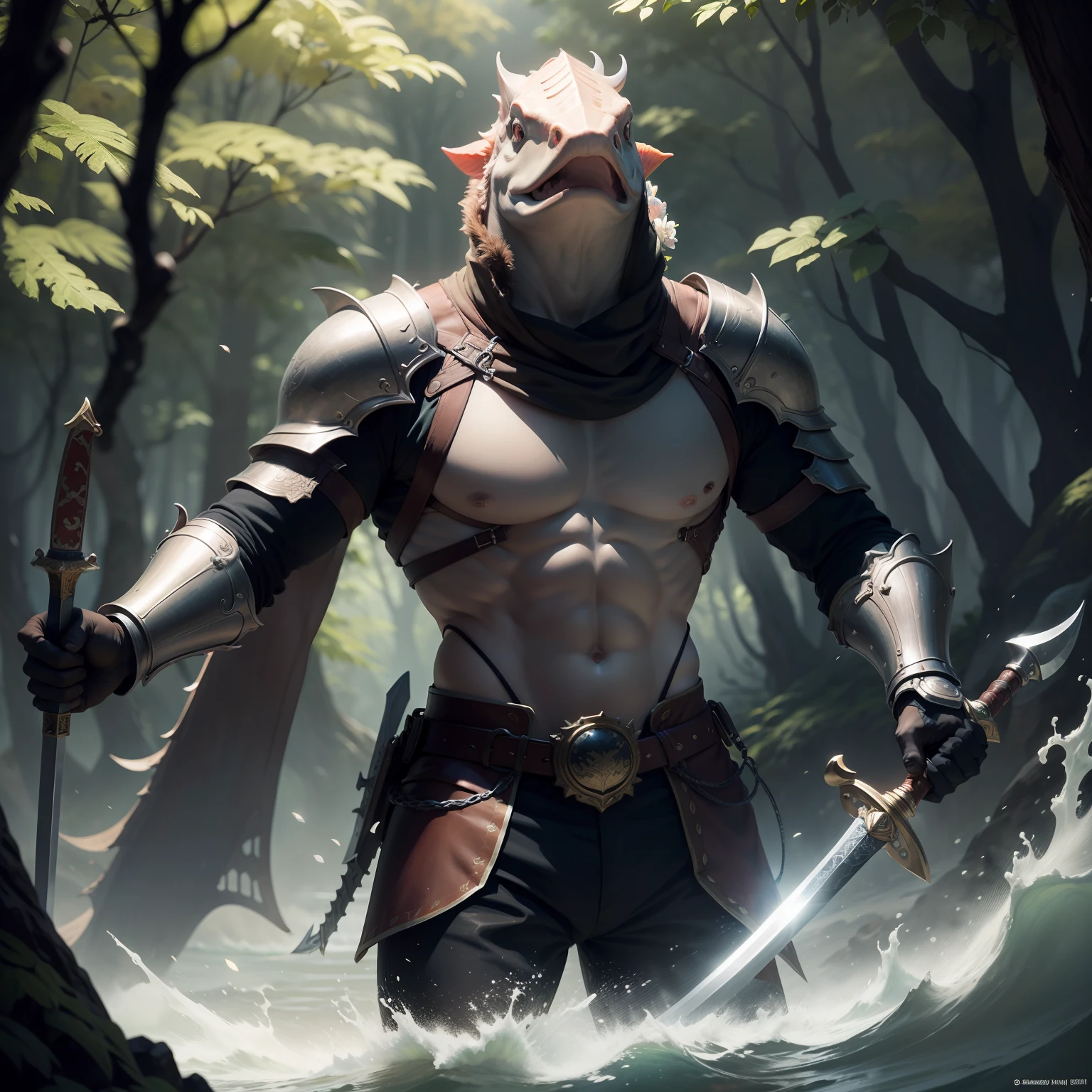 "(melhor qualidade, obra-prima), detalhes ultra-realistas, CG wallpaper with 8K resolution, a magical salmon-headed knight wielding a sword and magic, em um ambiente de fantasia com nuvens e floresta densa ao longe."