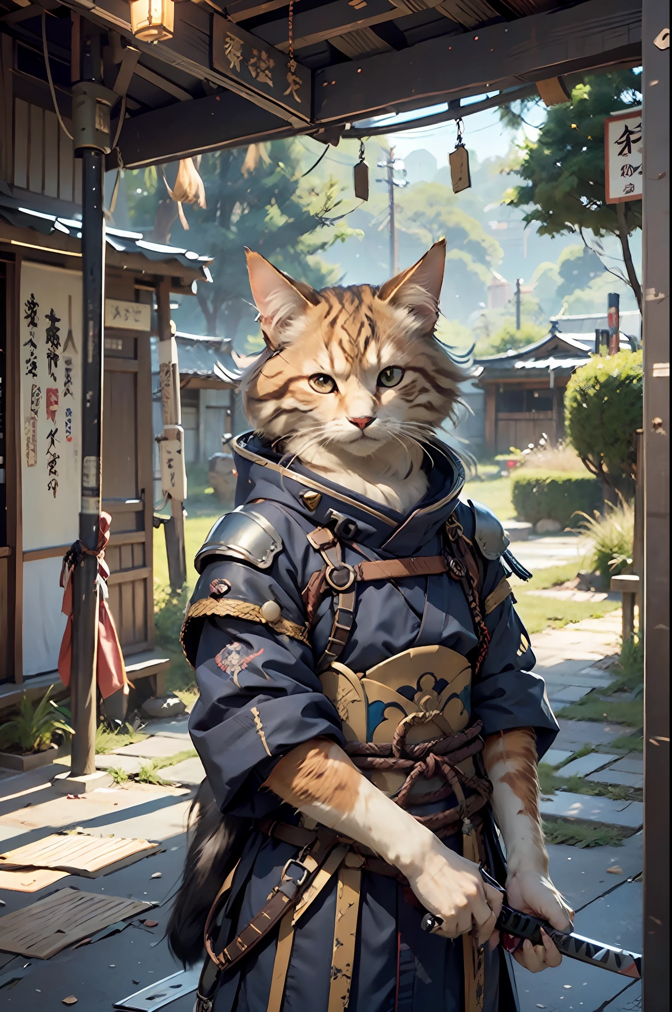 c4ttitude, samurai, watchful, almond-shaped eyes, furrowed brow, sleek fur, warrior, disciplined, focused, armored kimono, guarded coverage, steel, clawed paws, katana, feudal Japan, street, honor, duel, confrontation scene, a cat in a space suit standing on a street, computer graphics by Chris LaBrooy, cgsociety, space art, unreal engine 5, reimagined by industrial light and magic, unreal engine,
