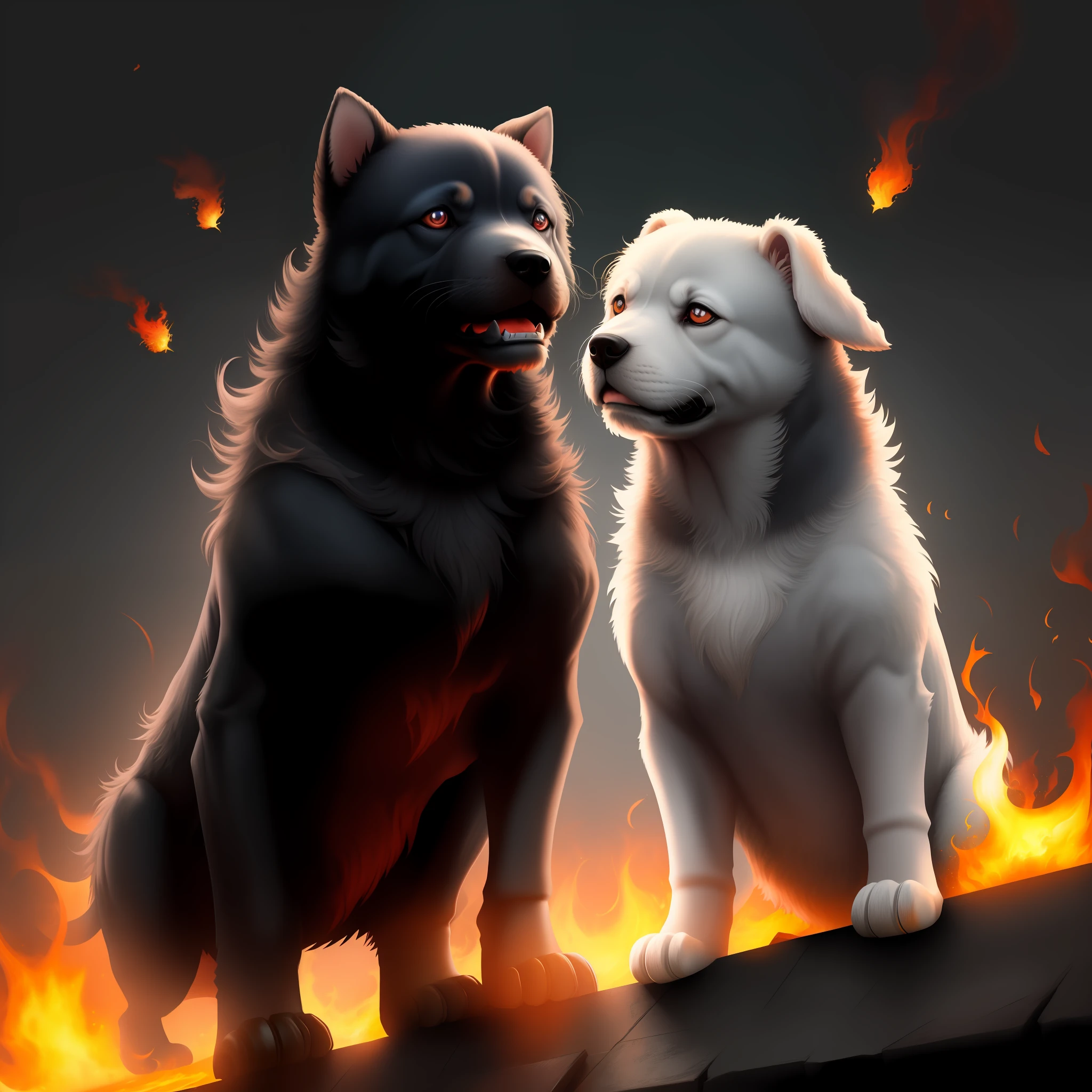 hd render：Puppy three-headed，From hell，Red flames around，Visually stunning。Three characteristics of the protagonist：Tall and mighty、Aggressive、Raise your head to the sky。