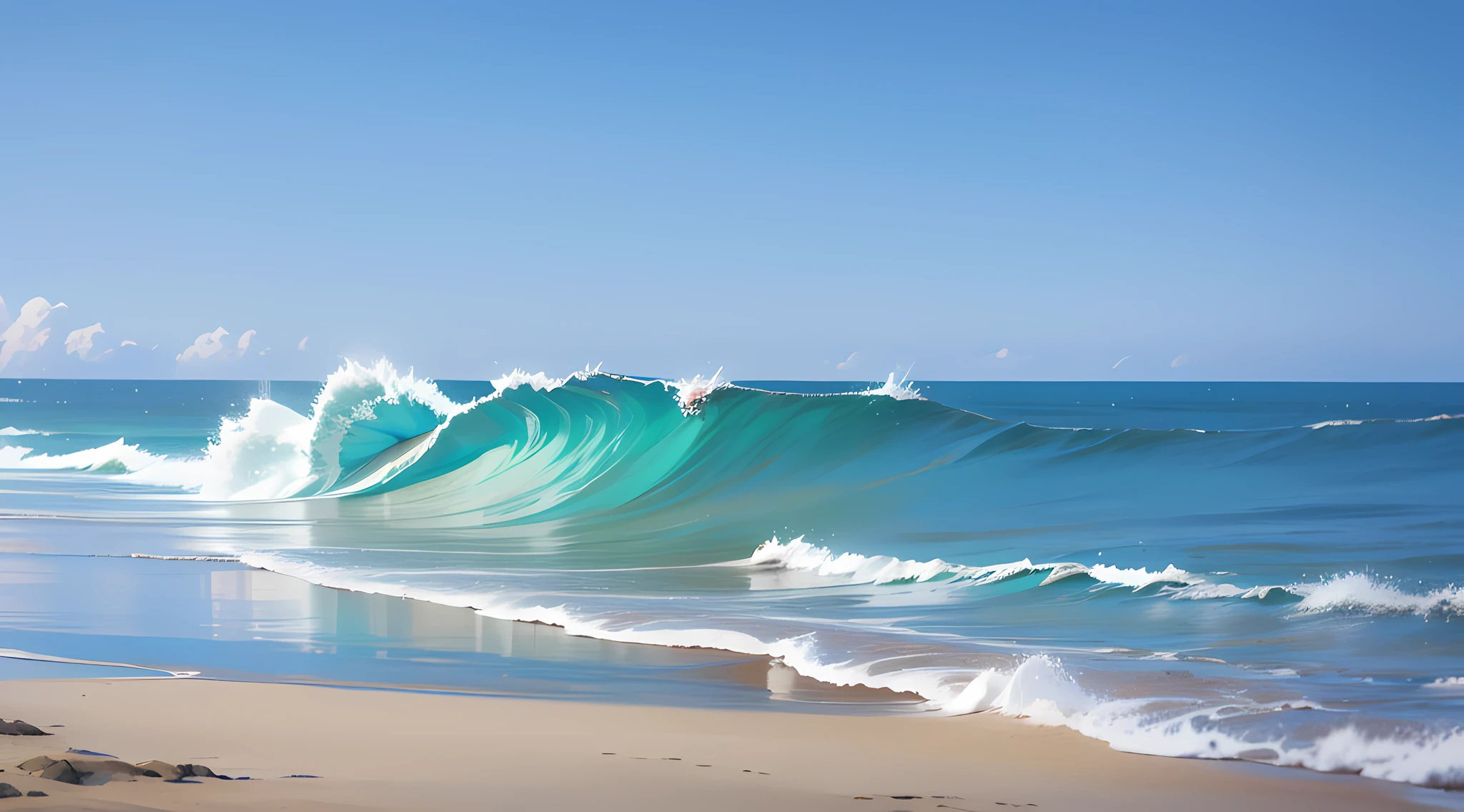 Vast sky, long beach, horizontal sky, Blue sea, nice wave
