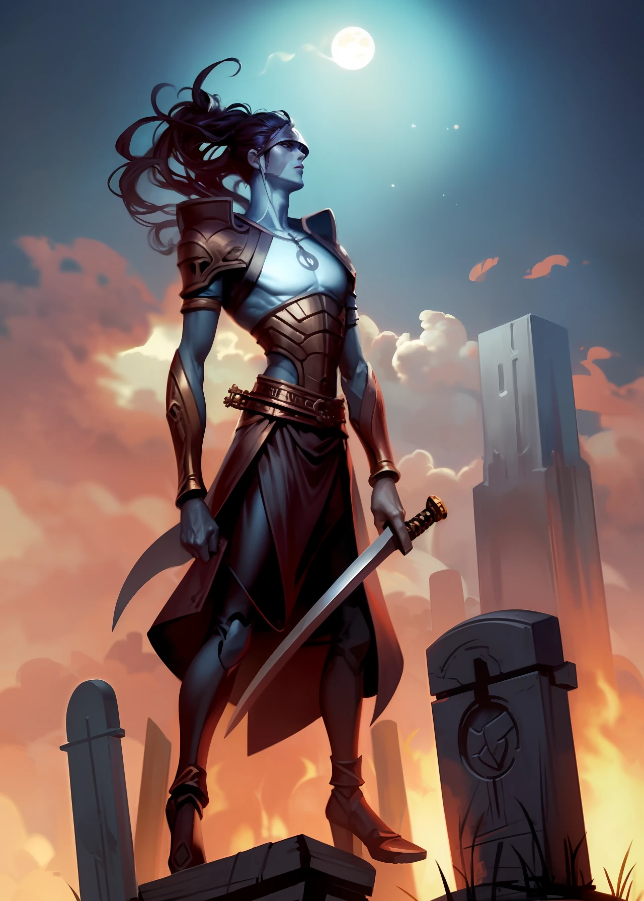 Warrior with a sword,Kneel in front of the tombstone,nigth,themoon,nevando