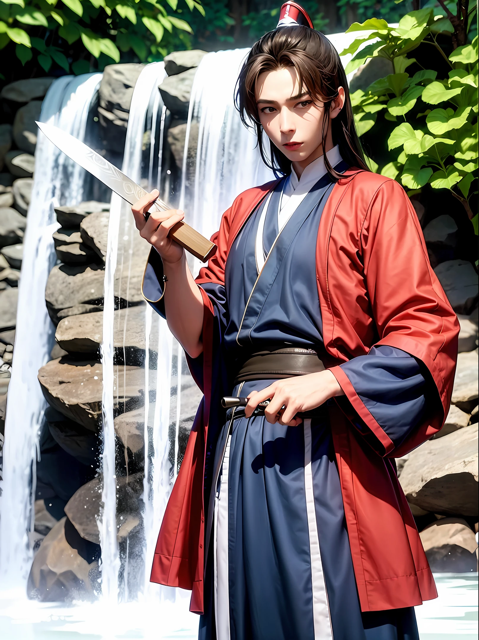 of a guy,wearing a hanfu,Stand next to the waterfall,Holding a Tang knife in his hand,photorealestic