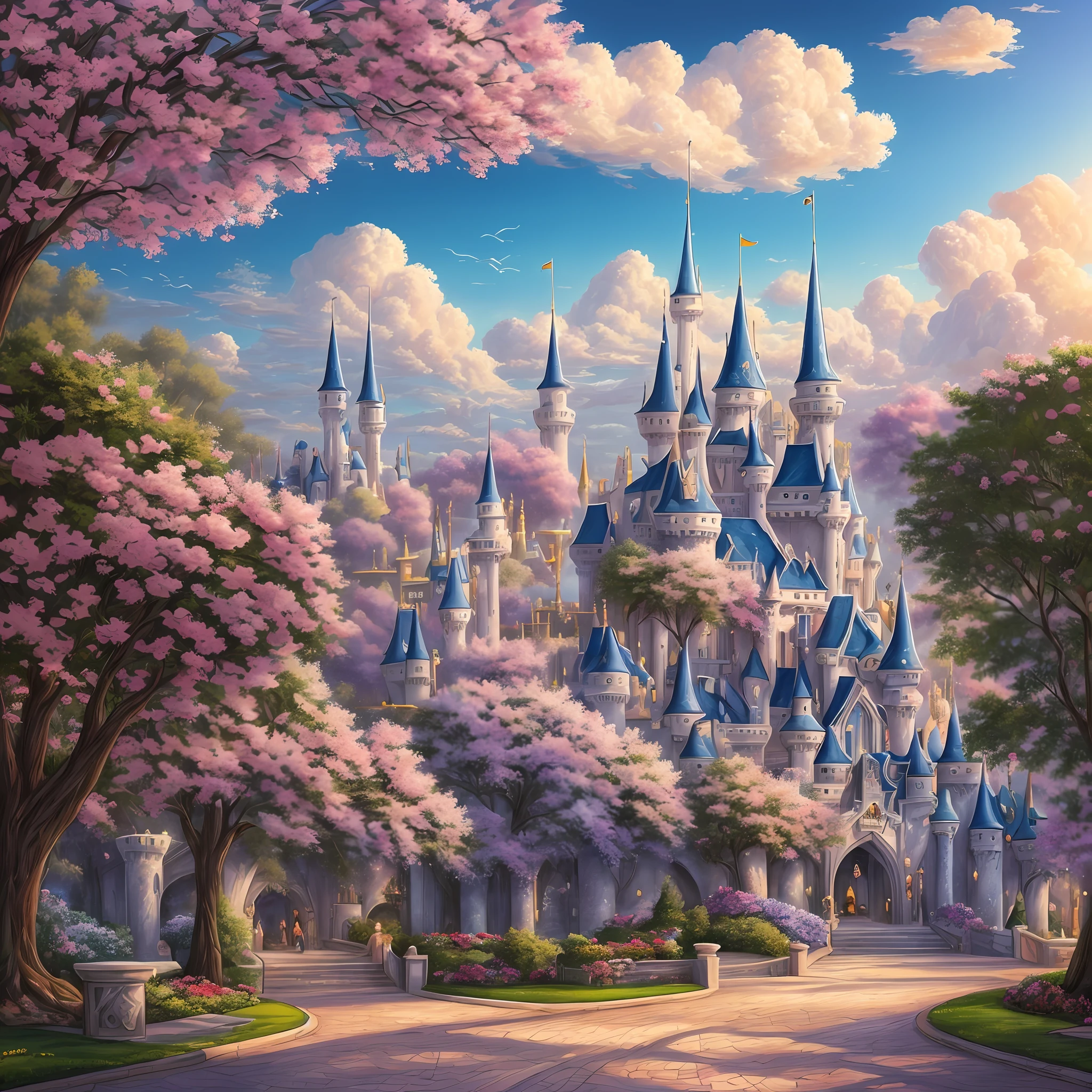 a discodifland with swirling clouds and flowers, (sky rose fantasy castle), (red roses), (ridiculous), dreamy, disney, painted by Thomas Kincaid, artstation, sharp focus, inspiring 8k wallpaper,