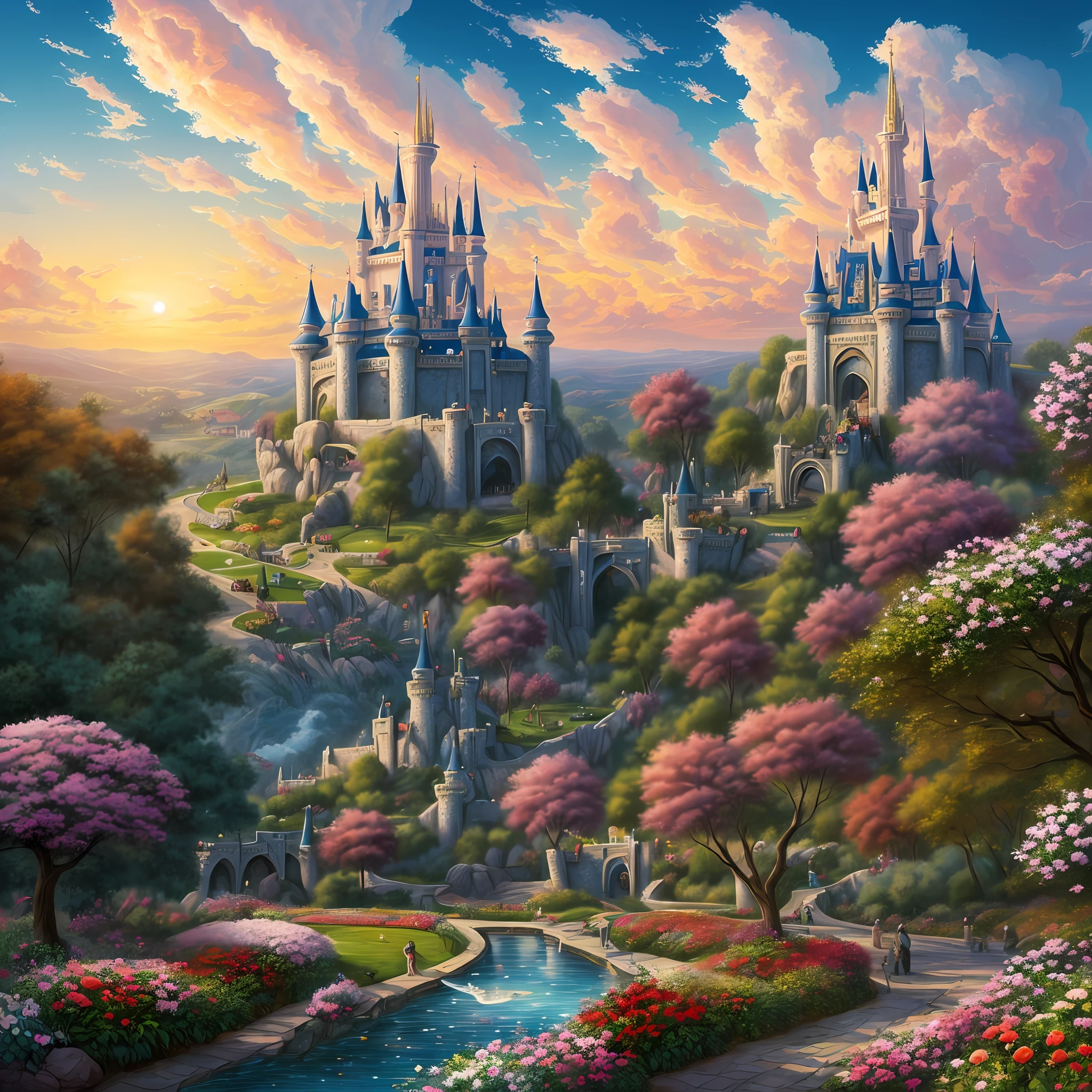 a discodifland with swirling clouds and flowers, (sky rose fantasy castle), (red roses), (ridiculous), dreamy, disney, painted by Thomas Kincaid, artstation, sharp focus, inspiring 8k wallpaper,
