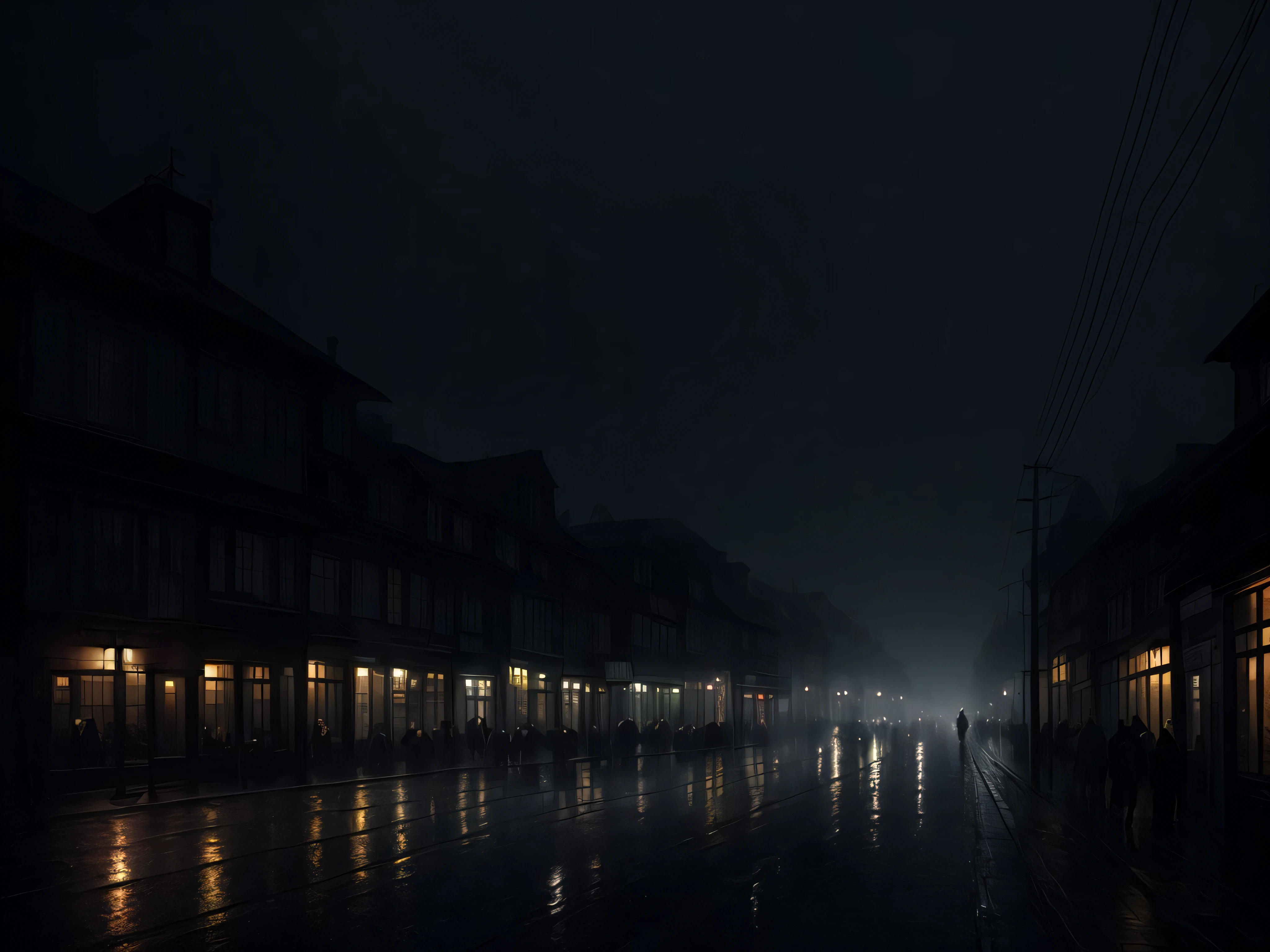a midnight crowded (rainy:1.2) street, slate gray atmosphere, (warm colors:1.3), luminosity, warm lanterns, fog, hdr, epic realistic, artstation
