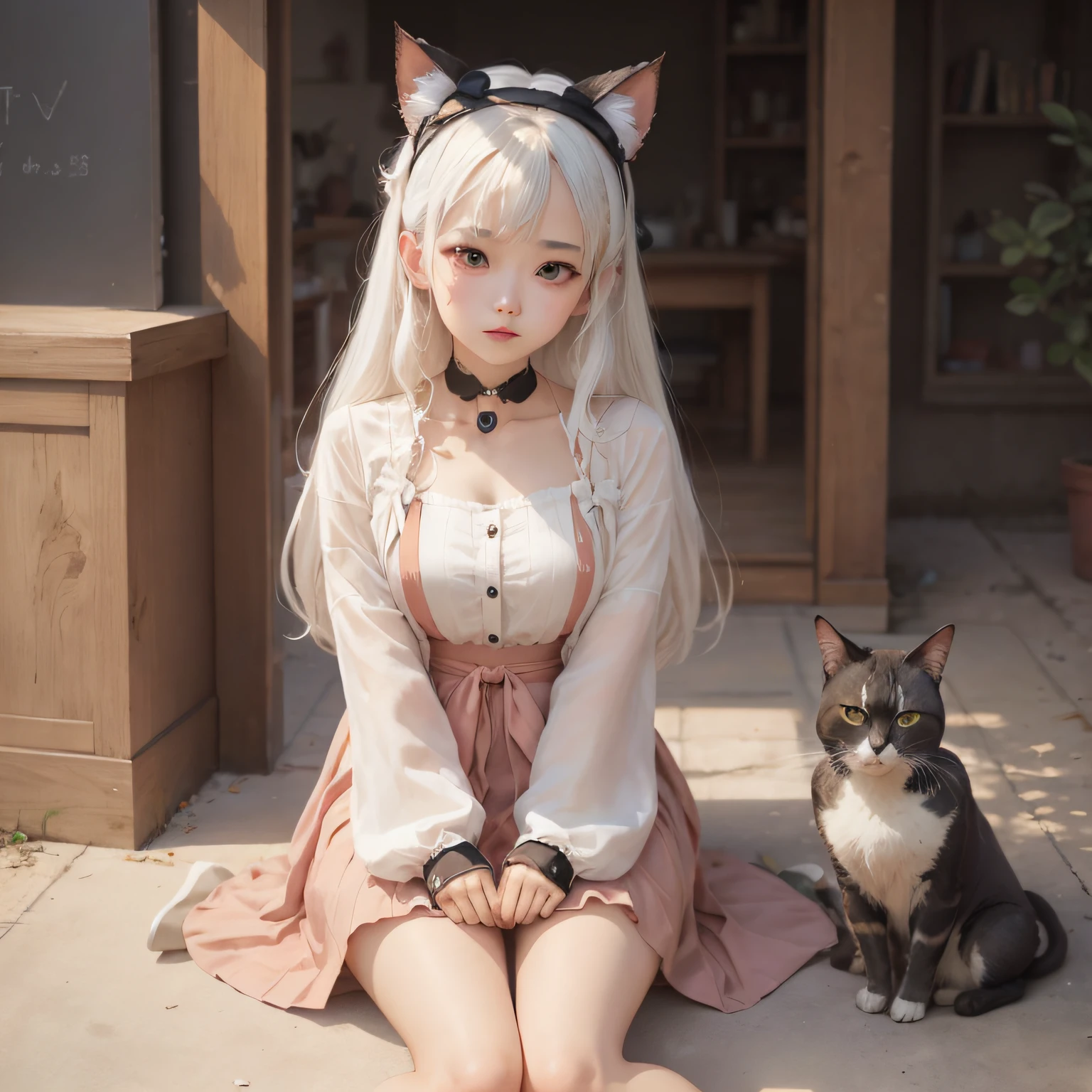 there is a woman sitting on the floor with a cat headband, ruan cute vtuber, ulzzang, low quality photo, very very low quality picture, male ulzzang, low quality video, dang my linh, e - girl, e-girl, low quality photograph, style anime, as an anime character, anime style, her hair is white --auto