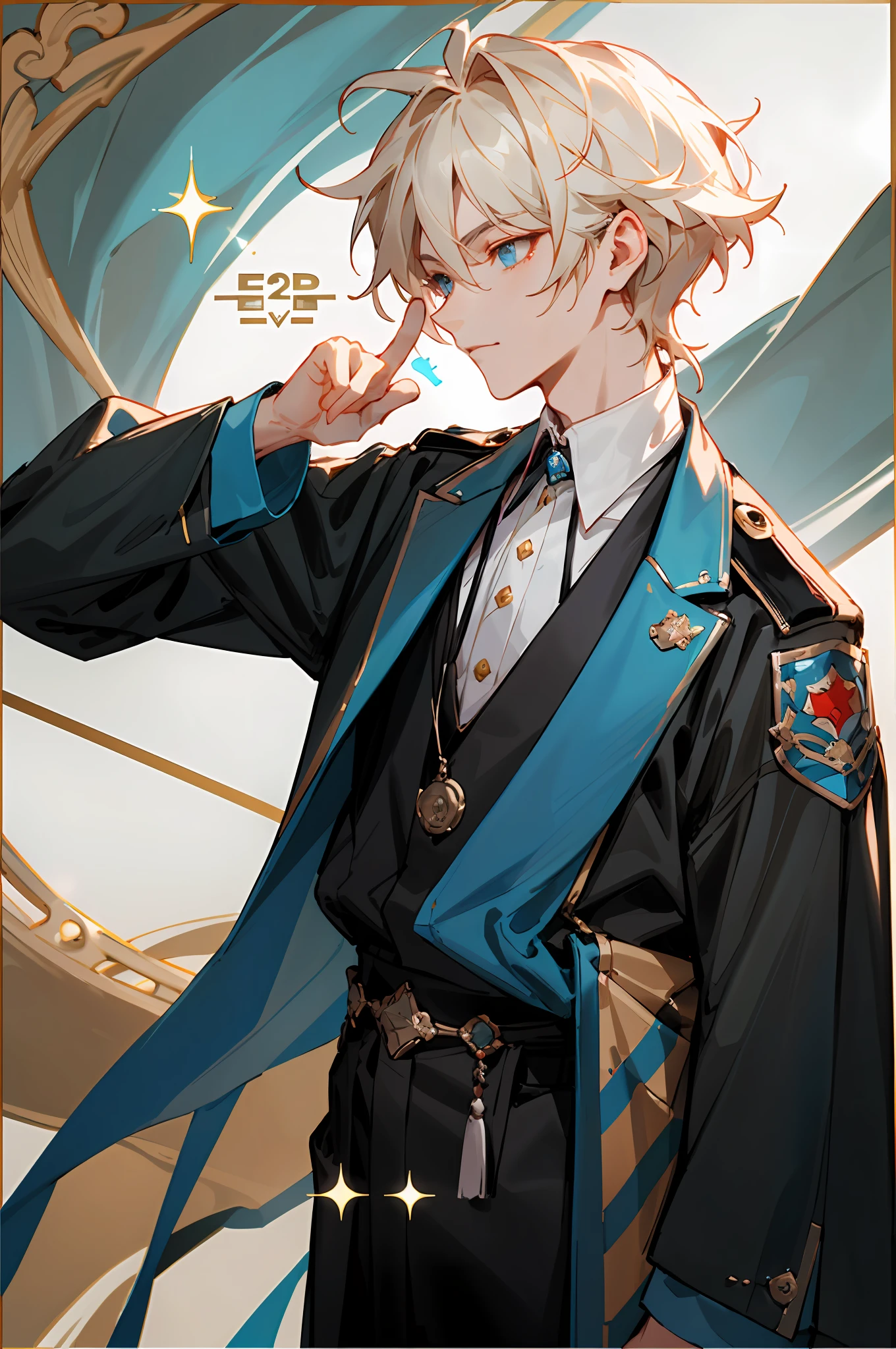 someone is pointing at something with their finger, a picture inspired by Jang Seung-eop, reddit, realism, Very, Very, very high quality picture with index finger, /gamer ludwig,, Profile picture 2k，Mana shot out of his hand to a very handsome face，Elaborate Eyes，Detailed dressing，No subtitles，There is a badge on the clothes，Normal hands，The left eye is blue，eyes glowing，Eyes sparkle