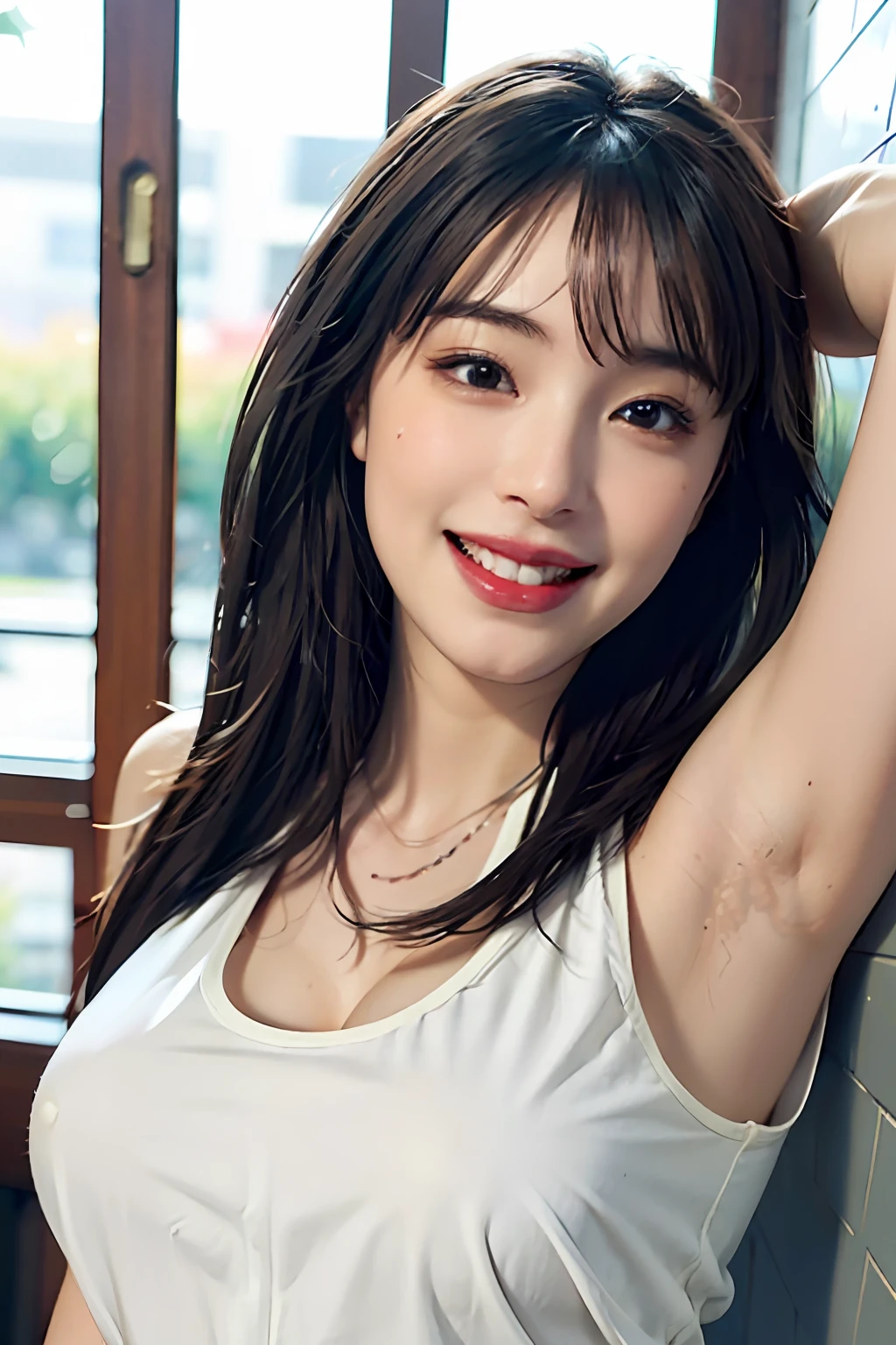 (A hyper-realistic), (illustratio), (hight resolution), (8K), (enormously detailed), (The best illustrations), (beautiful detailed eye), (highest  quality), (ultra-detailliert), (​masterpiece), (wall-paper), (details face)、Upper body close-up,Armpit, A smile,Plump,独奏、Girl in silk plunged white tank top, full of sweat, japanes, large full breasts, (camel's toe)、gigantic-breast、Detailed, well-groomed white teeth、Ultimate Beauty、shot on the Canon EOS R 6、full of sweat、(beautiful detailed teeth)、Silver necklace、There is a park with sunshine outside、