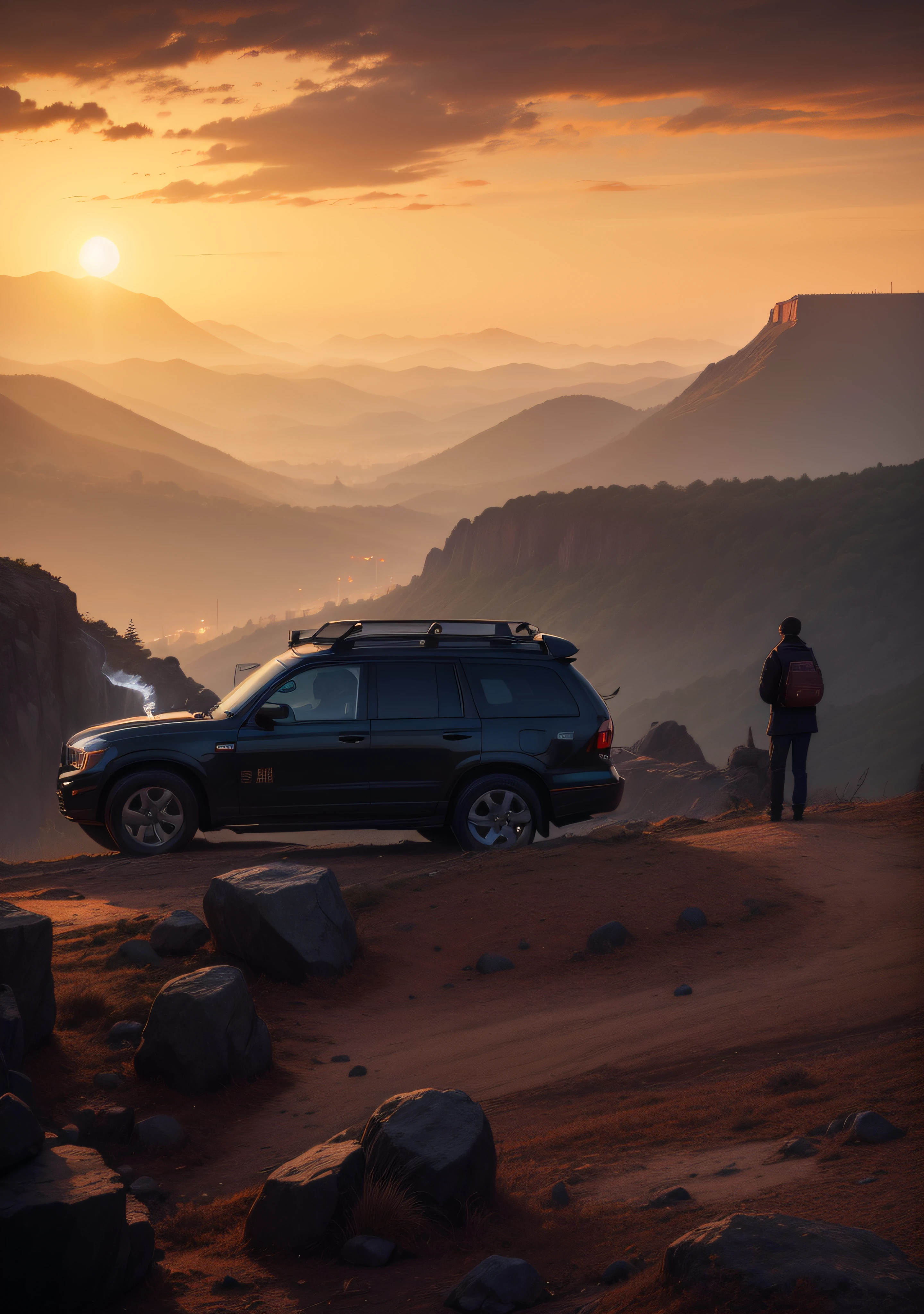 A station wagon stops on a loess cliff,A Chinese man stands in the distance and watches in the distance smoking cinematic lighting – aspect 3:4 --auto