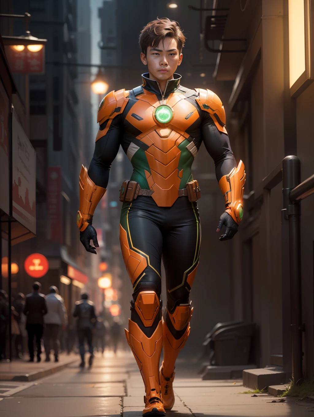 Masterpiece, concept art, photorealistic, perfect head, detailed face, full body, male, Marvel-style character, brown hair, brown eyes, green tight suit, shoulder protections, orange chest and skirt, orange gloves and boots, medallion with green gem,futuristic asian city background,8k,HDR,sharp,detailed,