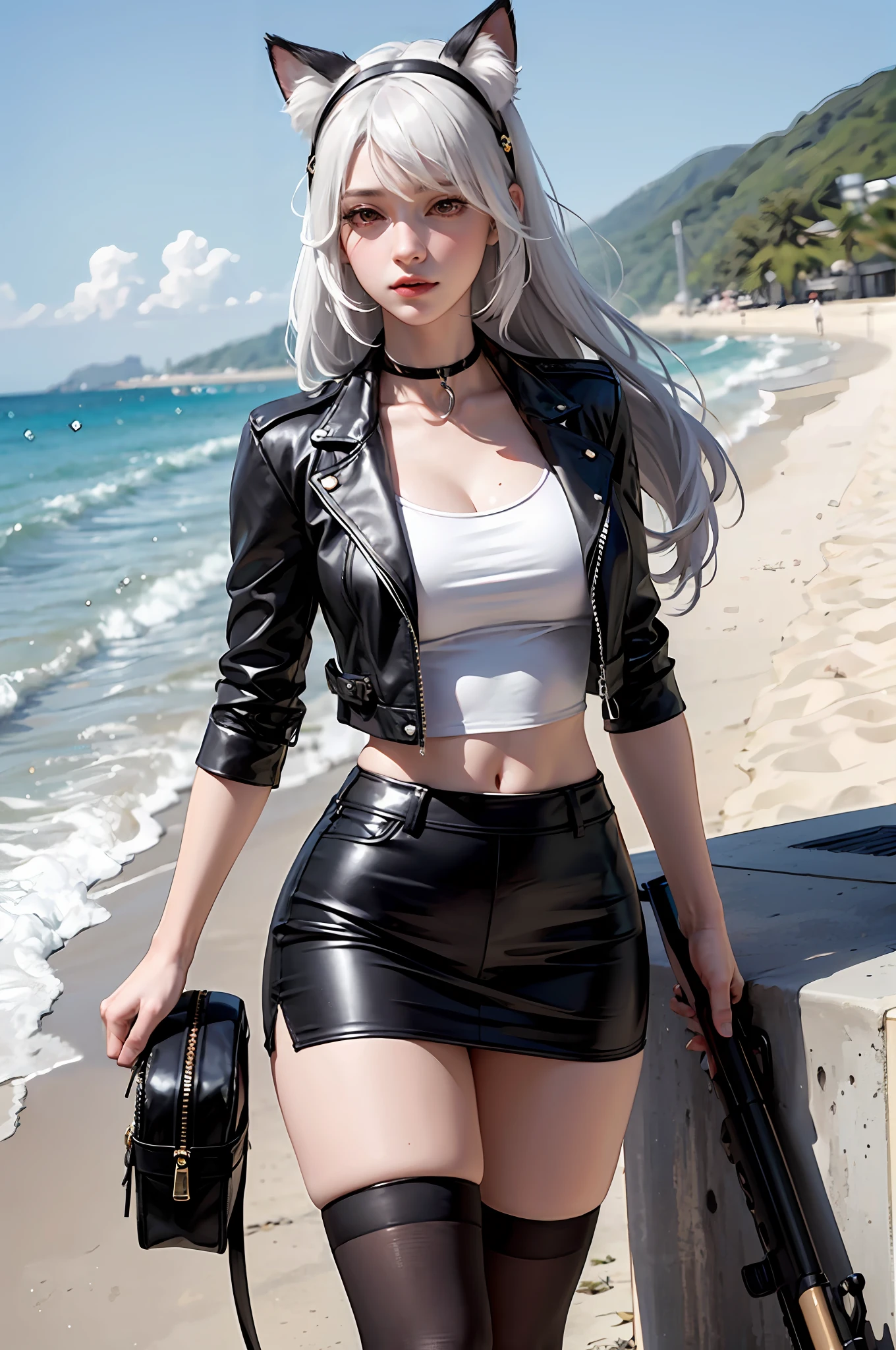 white color hair,Long hair,red eyes,Leather clothes,short skirt,teens girl,nakeness,white stockings,sniper rifles,Animal ears,Long legs,beachside,