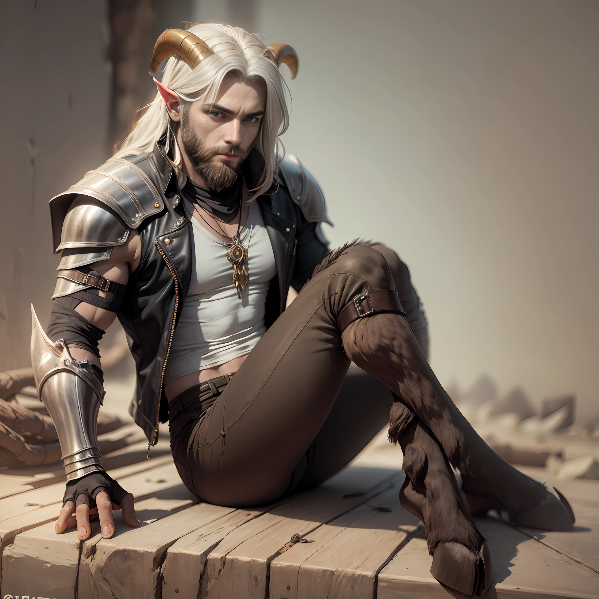 Goatlike horns, dark hair, long beard, young, masculine, handsome, perfect eyes, detailed eyes, detailed face