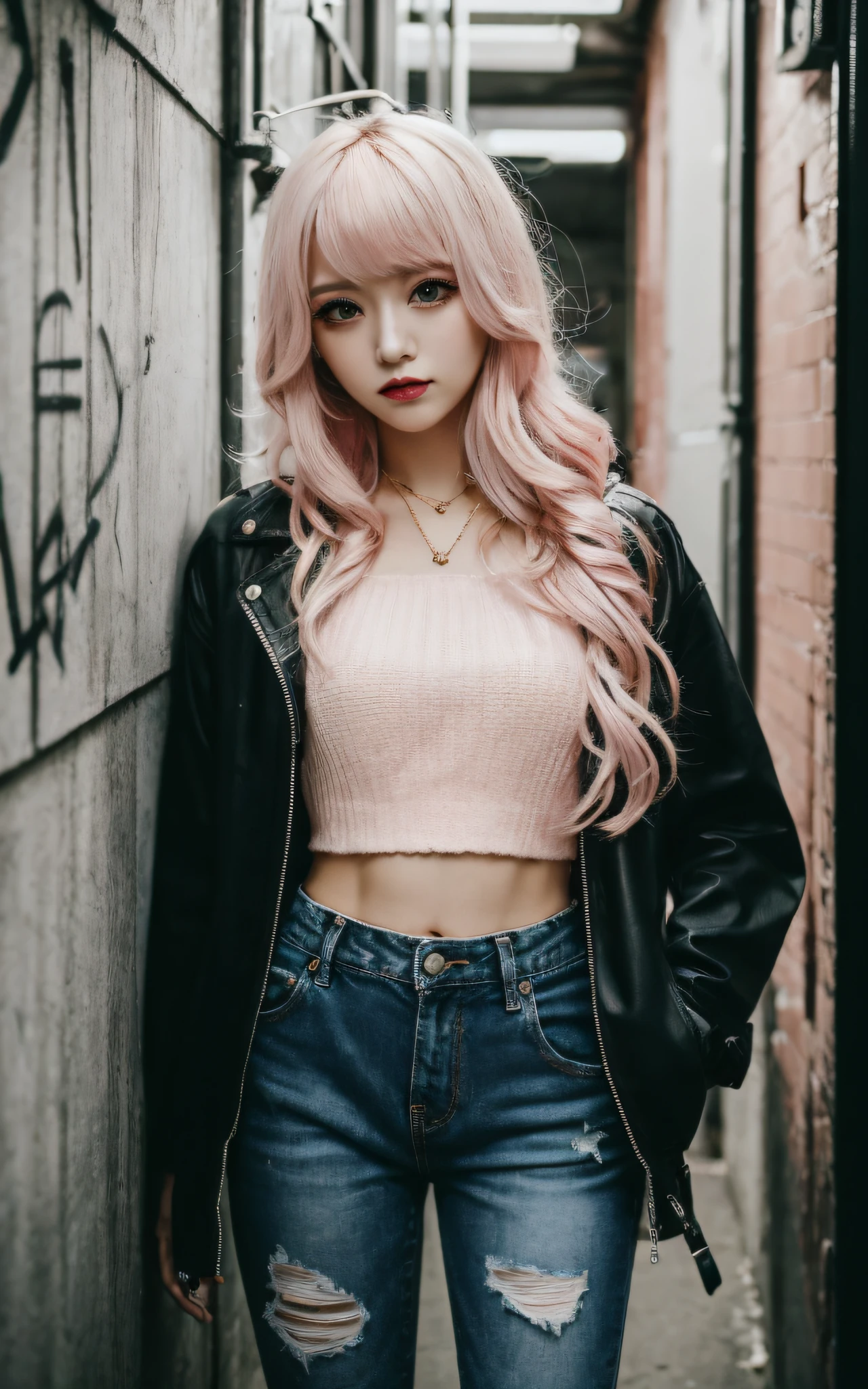 best quality, upper body,intricate details, chromatic aberration,1girl, pixie hair, pink hair, messy hair, cinematic lighting, gothic makeup, sharp eyes,croptop, torn jeans legwear, open jacket,against wall, brick wall, graffiti, dim lighting, alley, golden crown, pink skin, pink skin tone, happy, candy city
