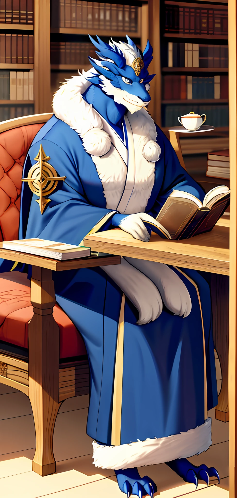 Anthropomorphic dragon males,blue white colors,Furry art,vulva,Wear a wide kimono,Strong muscles,Stout body,Mythological art,In the study,Sit in a chair looking at a book and drink tea