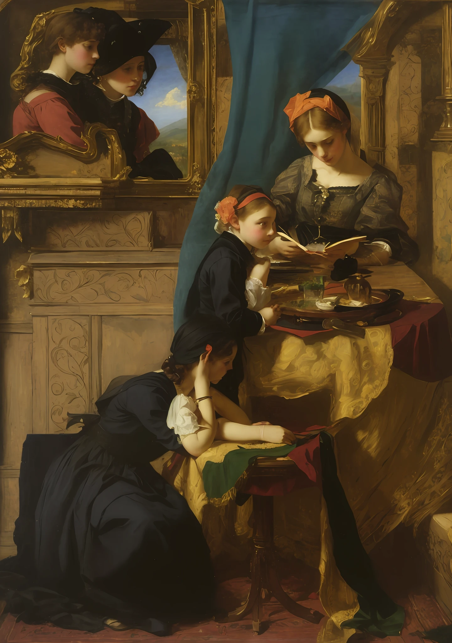 painting of a woman and  sitting at a table with a mirror, paul delaroche, in a high renaissance style, by Daniel Maclise, dominique ingres, in a renaissance style, inspired by Daniel Maclise, by Friedrich von Amerling, delaroche, inspired by Friedrich von Amerling, by Alexandre Cabanel, renaissance style