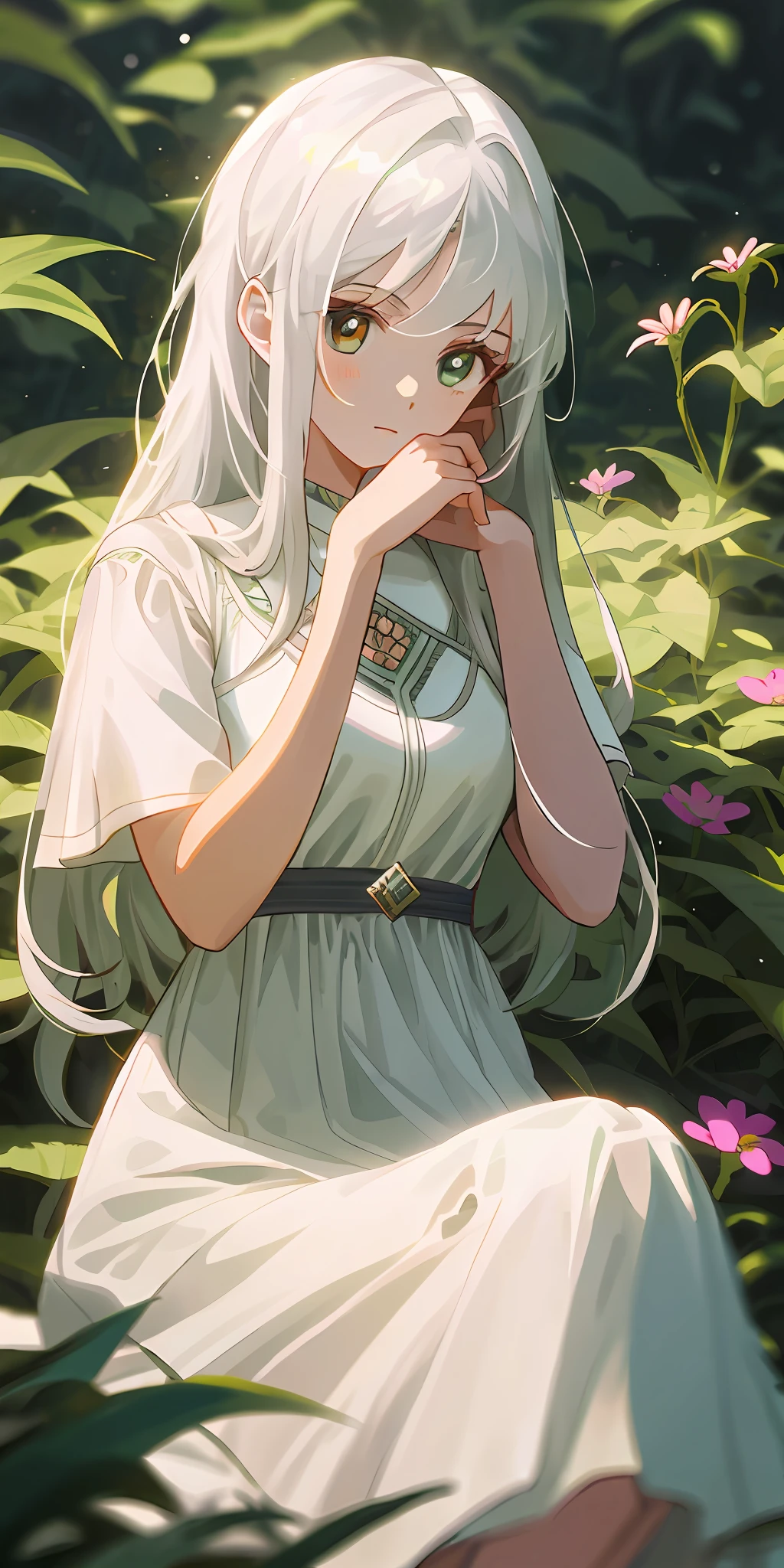 (masterpiece, best quality),1girl with long white hair sitting in a field of green plants and flowers, her hand under her chin, warm lighting, white dress, blurry foreground