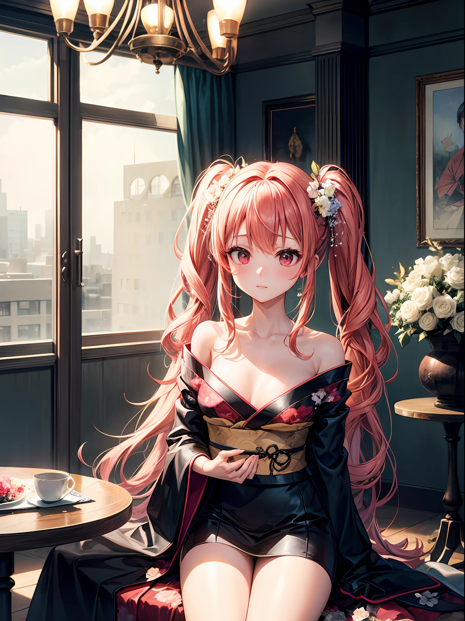 highest quality、1girl in,a blond、Twin-tailed、Red Eyes、Red cheeks、Pink blush color under the eyes:1.3、black kimono dress:1.5、Floral pattern:1.2、hugetits:1.1、Open chest、Shoulder out:1.2、beauty legs、Condescending look、natta、hotels room、Dim lighting、chandeliers、Sit in a leather chair、View here、Angle from diagonally down、