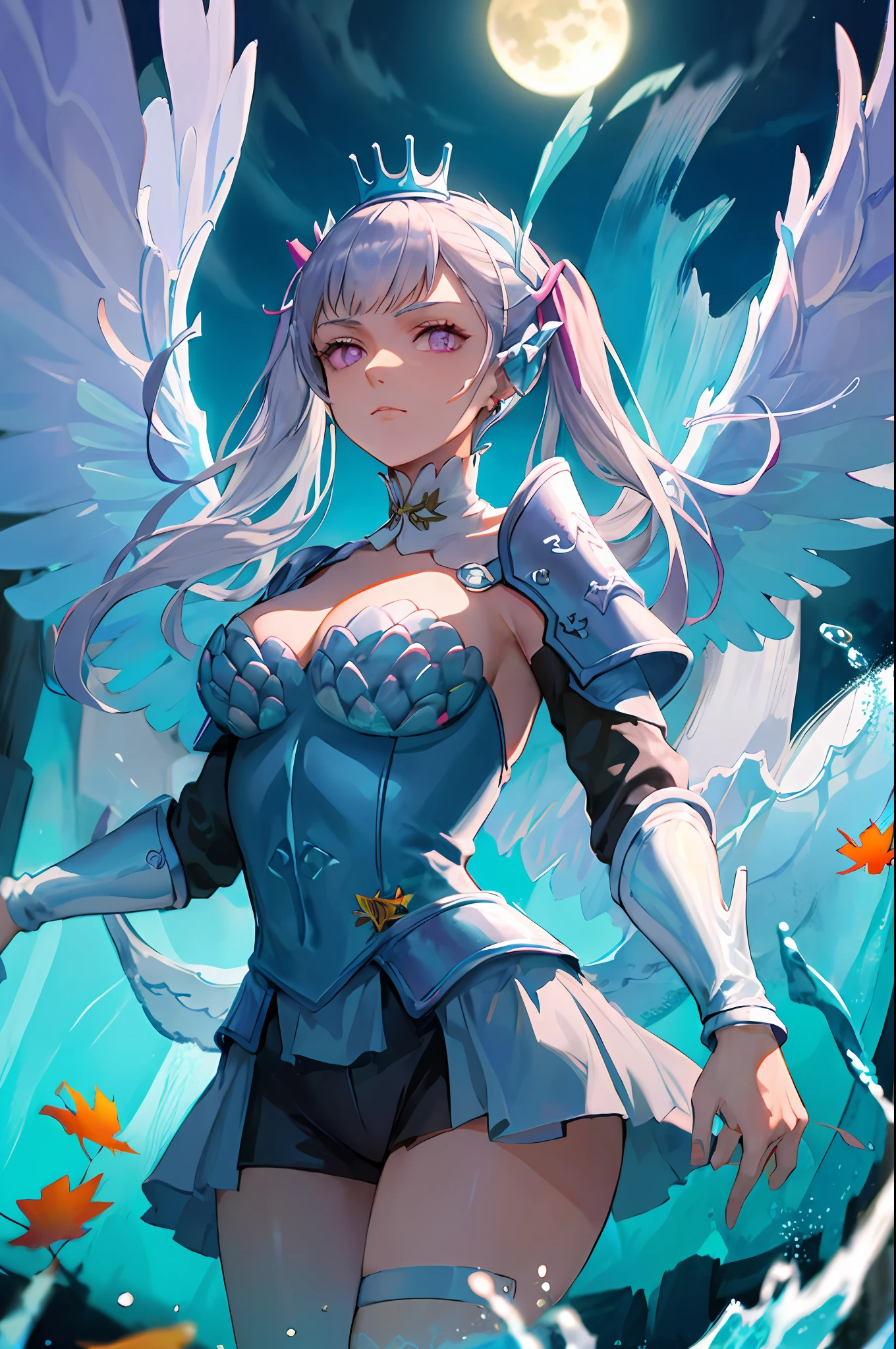 noelle_silva,long hair ,twintails, bangs, earring,silver hair,purple eyes,((water_armor)),(wings),crown, valkyrie, armored dress, angel, tree, sunset,autumn,autumn leaves,((under water:1.3)), night, moon, (dancing:1.2), volumetric lighting, best quality, masterpiece, intricate details, tonemapping, sharp focus, hyper detailed, trending on Artstation,