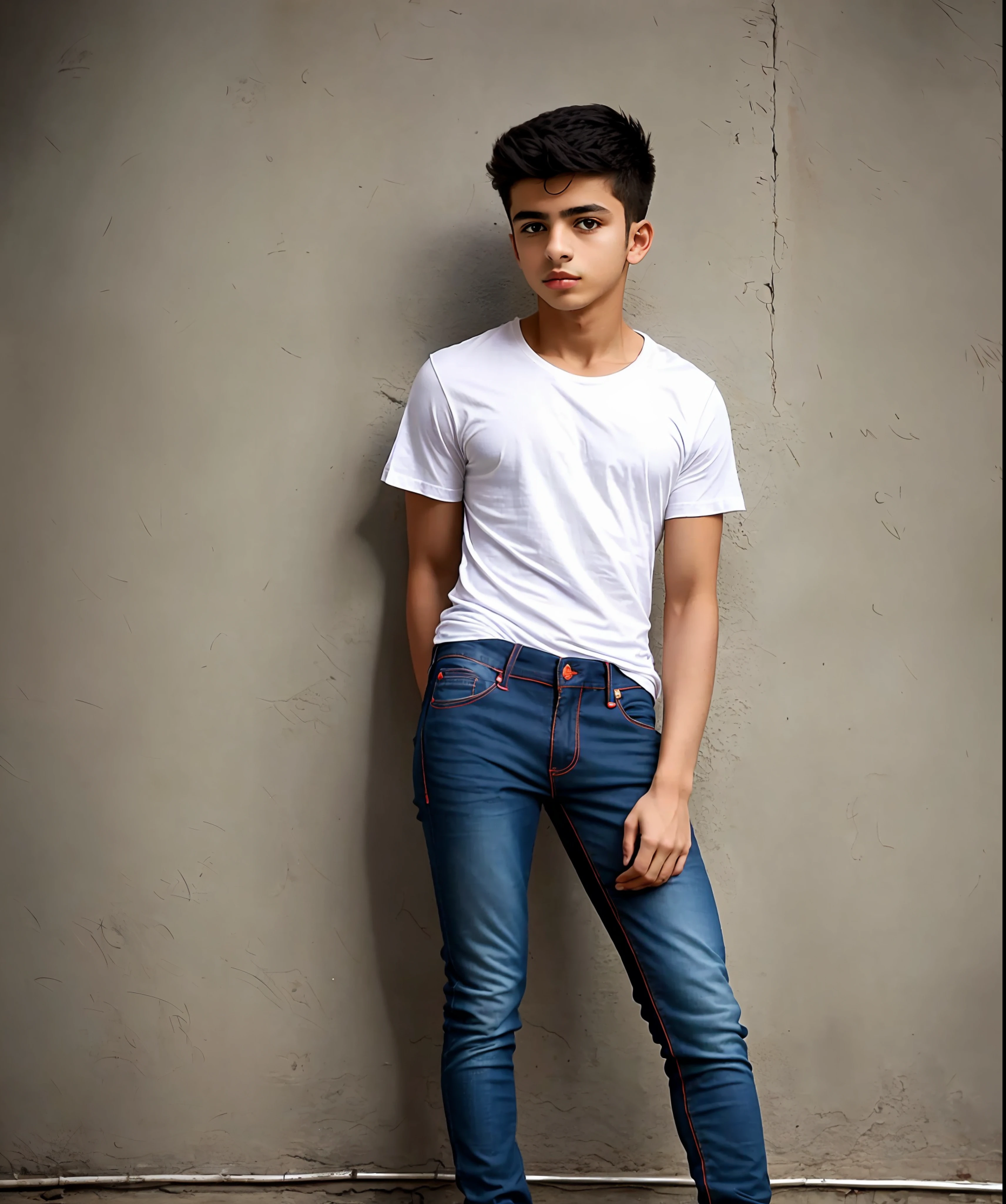 1 Turkish boy in white round neck plain Teeshirt with skinny jeans, boots, 1 Turkish firm breasts girl in black round neck Tee-shirt, tight jeans, ankle boots, artistic photograph, , full body shot, extremely detailed, centered, intricate neon back alley in the background, high resolution, hyperdetailed, soft lighting, film grain