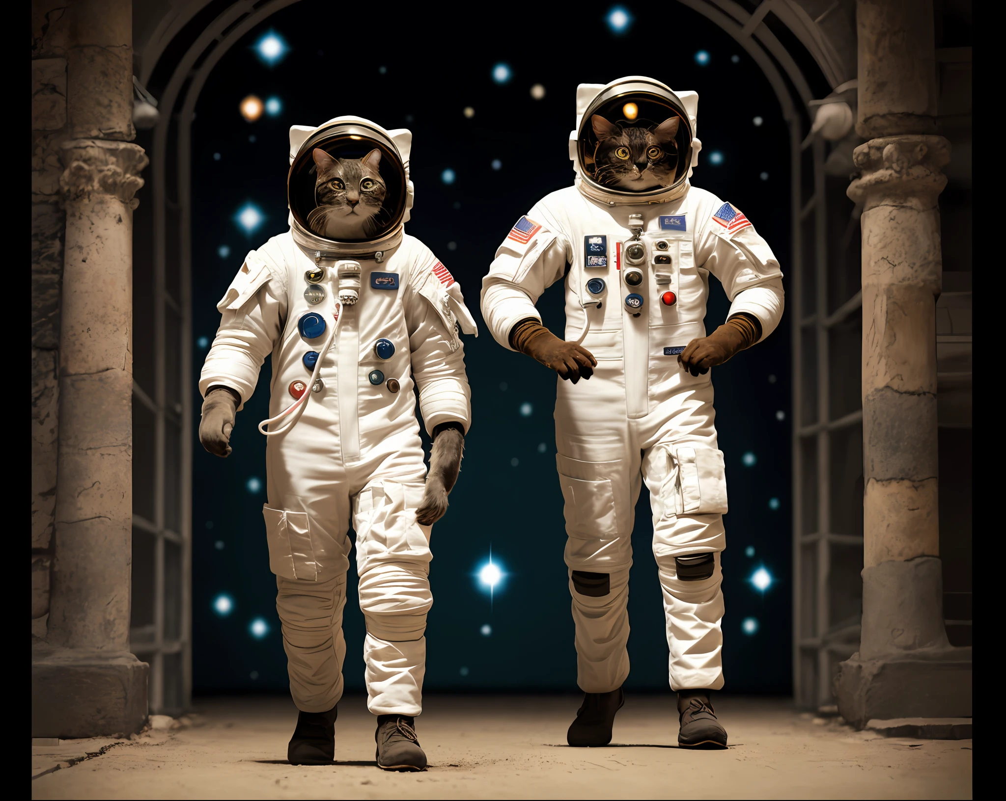 by wesanderson  An ancient anthropomorphic cat astronaut using an ancient space suit armor, photography, beautiful, bokeh temple background, colorful, masterpieces, top quality, best quality, official art, beautiful and aesthetic, realistic, a cat in a space suit standing on a street, computer graphics by Chris LaBrooy, cgsociety, space art, real, reimagined by industrial light and magic,