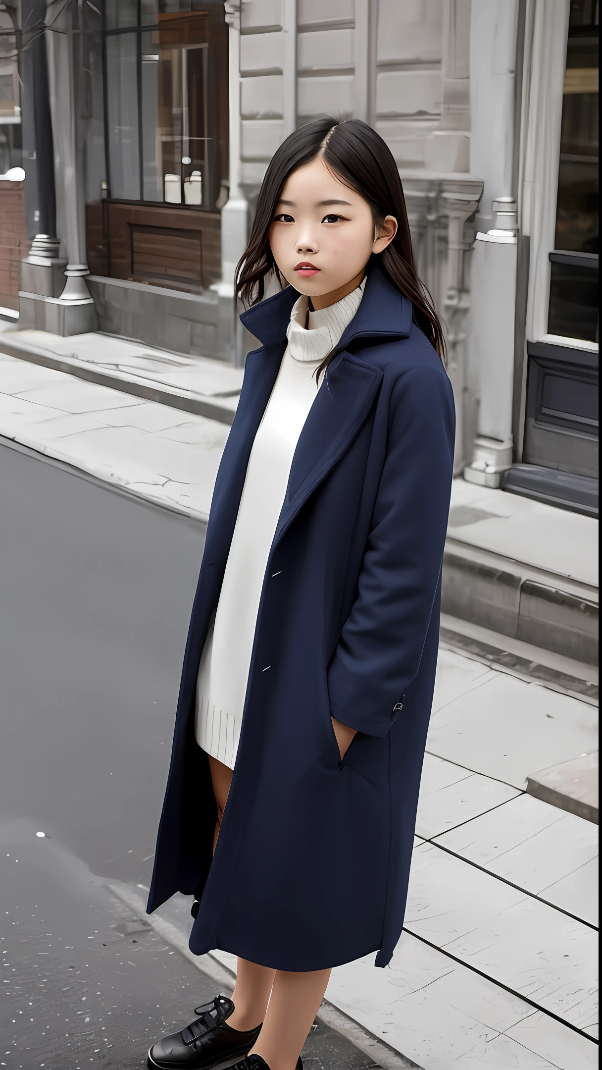 Lateral face，Morning，Coat girl，the street