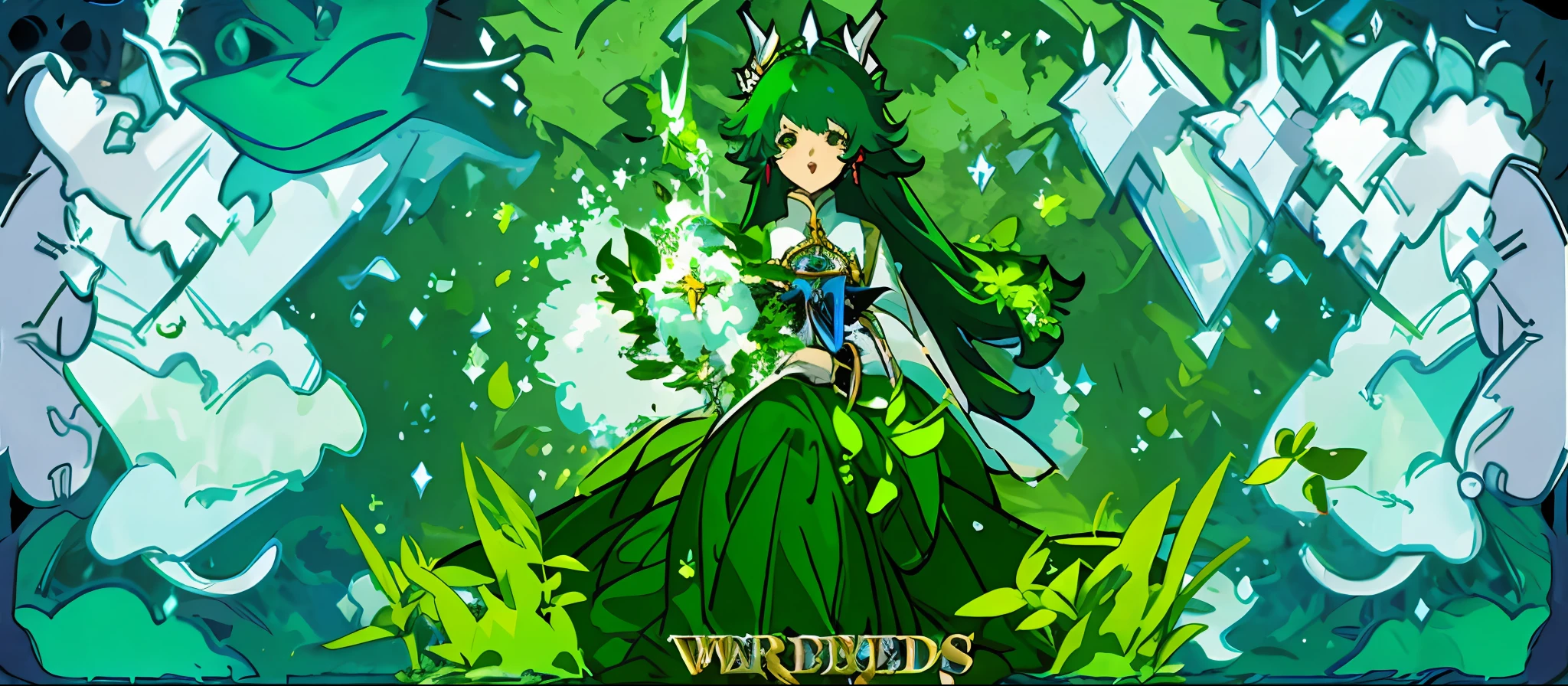 anime girl with long hair and green dress standing in front of a giant green leaf, green aura, Ayaka Genshin impact, Splash art anime Loli, From Arknights, ethereal essence, shadowverse style, Official artwork, Detailed key anime art, ethereal aura, high detailed official artwork, fey queen of the summer forest, celestial aura, Official anime artwork