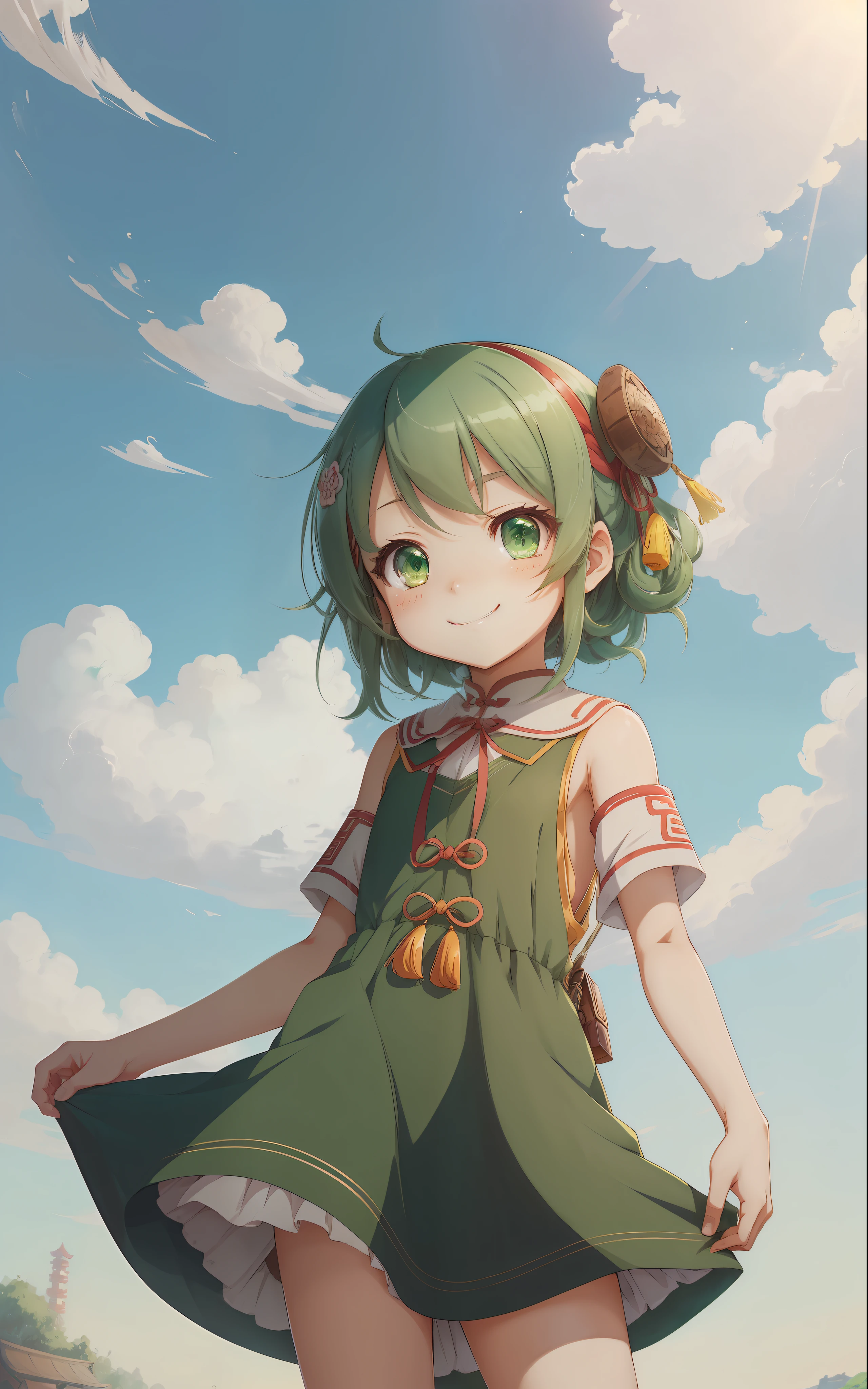 (Need,tmasterpiece,High Picture Quality,Chinese anime style),(small loli:1.2),(whaite hair:1.2),(Green eyes:1.2),(shift dresses:1.1),(buff:1.1),(grin:0.9),(adolable:0.9),(Sell moe:0.9),(sunraise:1.1),(shoreline:1.1),(blue sky:1.1),(The picture is wide:1.1) --auto