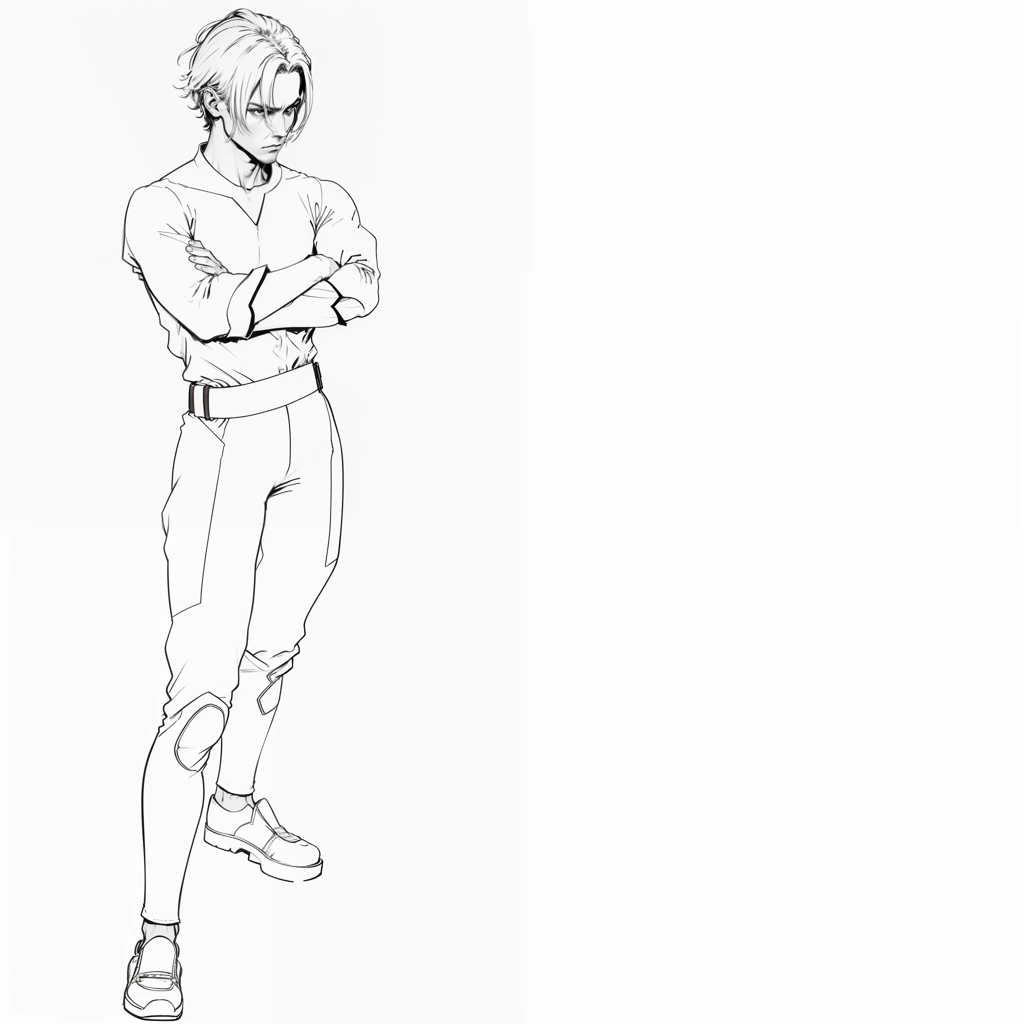 a drawing of a man standing with his arms crossed, Anime outlines loose strokes, desenho de caracteres de corpo inteiro, postura de concept arte, Pose ereta, single character full body, pose intimidadora, pose de anime bonito, linha de contorno grossa, design de roupa clara, Pose de personagem, standing elegant pose, character is standing, intimidating stance, full body single character, cabeleireiros brancos e olhos vermelhos,