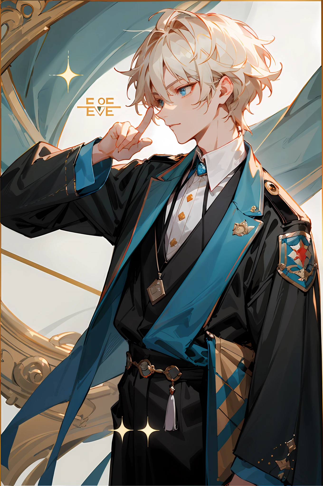 someone is pointing at something with their finger, a picture inspired by Jang Seung-eop, reddit, realism, Very, Very, very high quality picture with index finger, /gamer ludwig,, Profile picture 2k,Mana shot out of his hand to a very handsome face,Elaborate Eyes,Detailed dressing,No subtitles,There is a badge on the clothes,Normal hands,The left eye is blue,eyes glowing,Eyes sparkle,baggy clothes