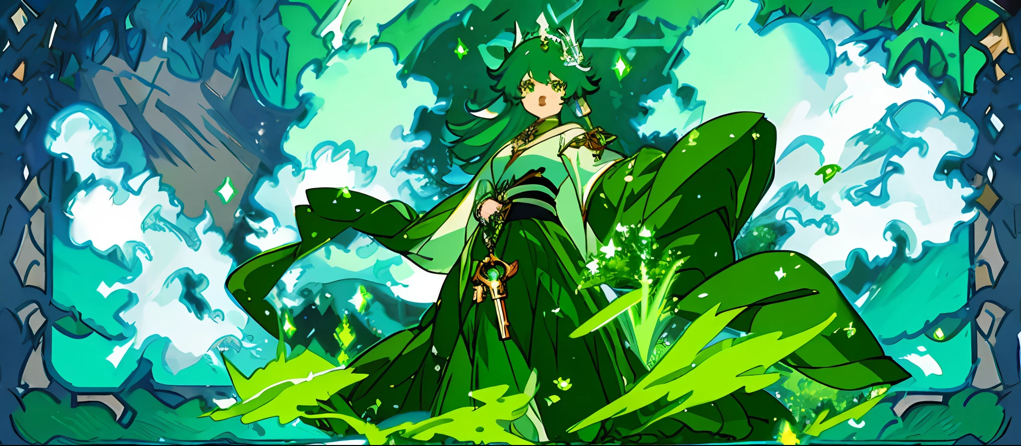 anime girl with long hair and green dress standing in front of a giant green leaf, green aura, Ayaka Genshin impact, Splash art anime Loli, From Arknights, ethereal essence, shadowverse style, Official artwork, Detailed key anime art, ethereal aura, high detailed official artwork, fey queen of the summer forest, celestial aura, Official anime artwork