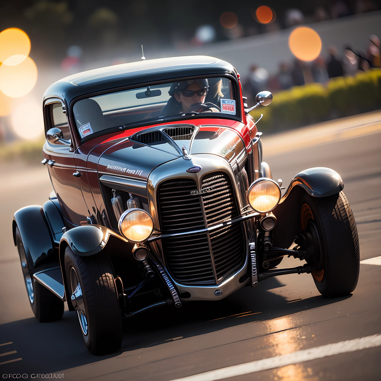 Portrait photo of Hot Rod Ford 1932 in a race track, ((light bokeh)), intricate, elegant, sharp focus, photo by greg rutkowski, soft lighting, vibrant colors, masterpiece --auto