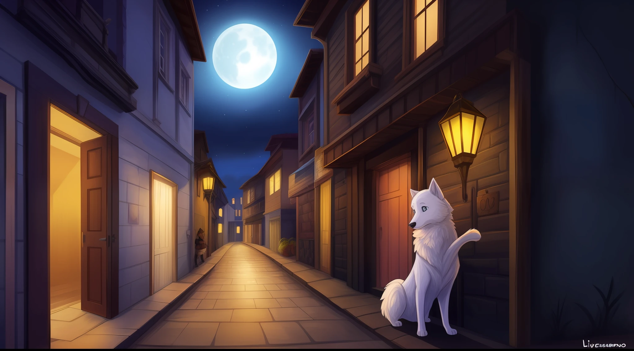 (descoberto por acaso perdido numa cidade grande),A small Samoyed Dog lost in the midst of huge buildings and busy streets,em algum lugar da cidade,The night is coming,a vida noturna agitada,Standing looking up in fear and confusion,strange noises,luzes brilhando no escuro,sob a lua crescente. Tudo em estilo de livro infantil, capa de livro infantil