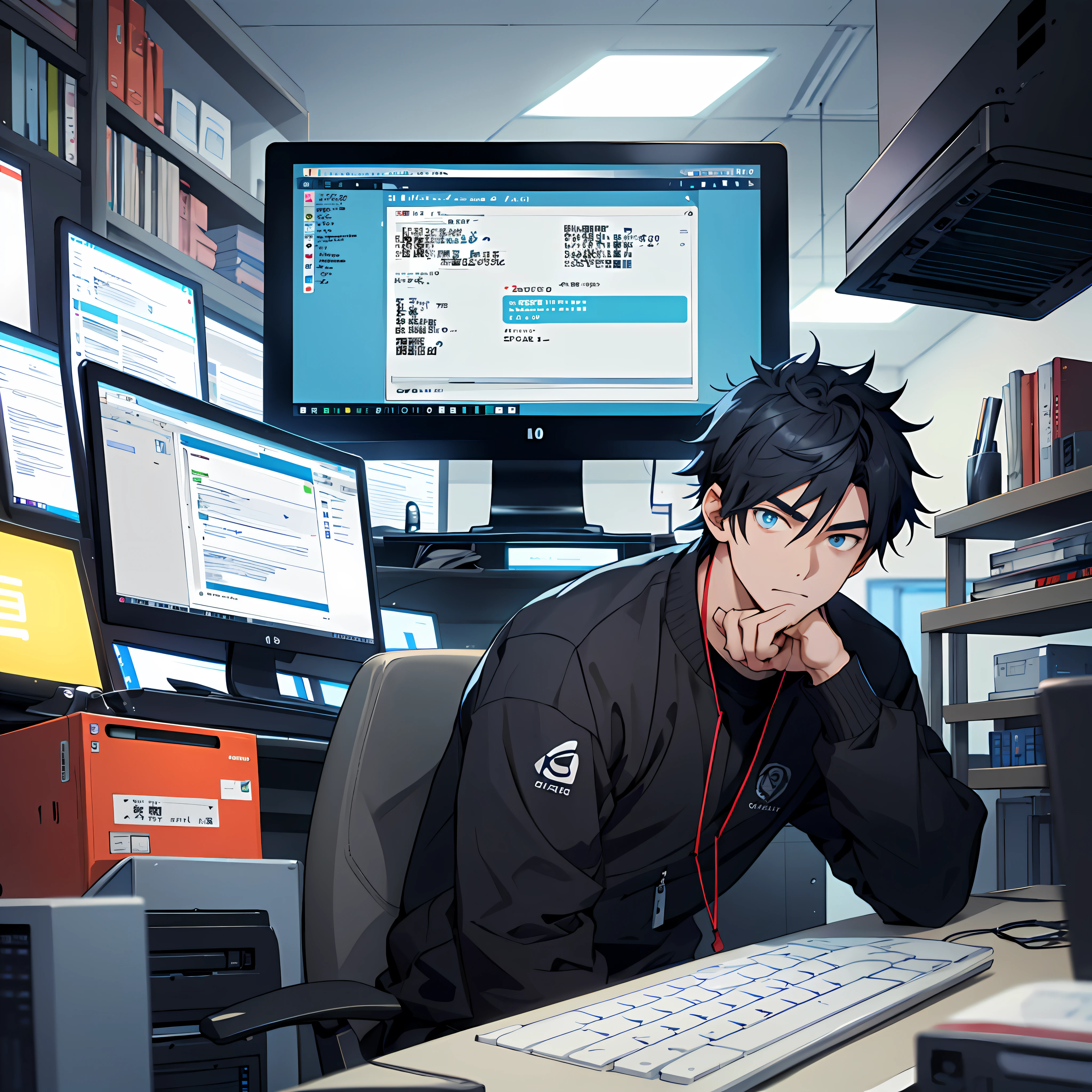 best qualtiy:1.0),(超高分辨率:1.0),Anime boys,with short black hair,blue color eyes,Sit in front of the computer and type code,Background in the office,