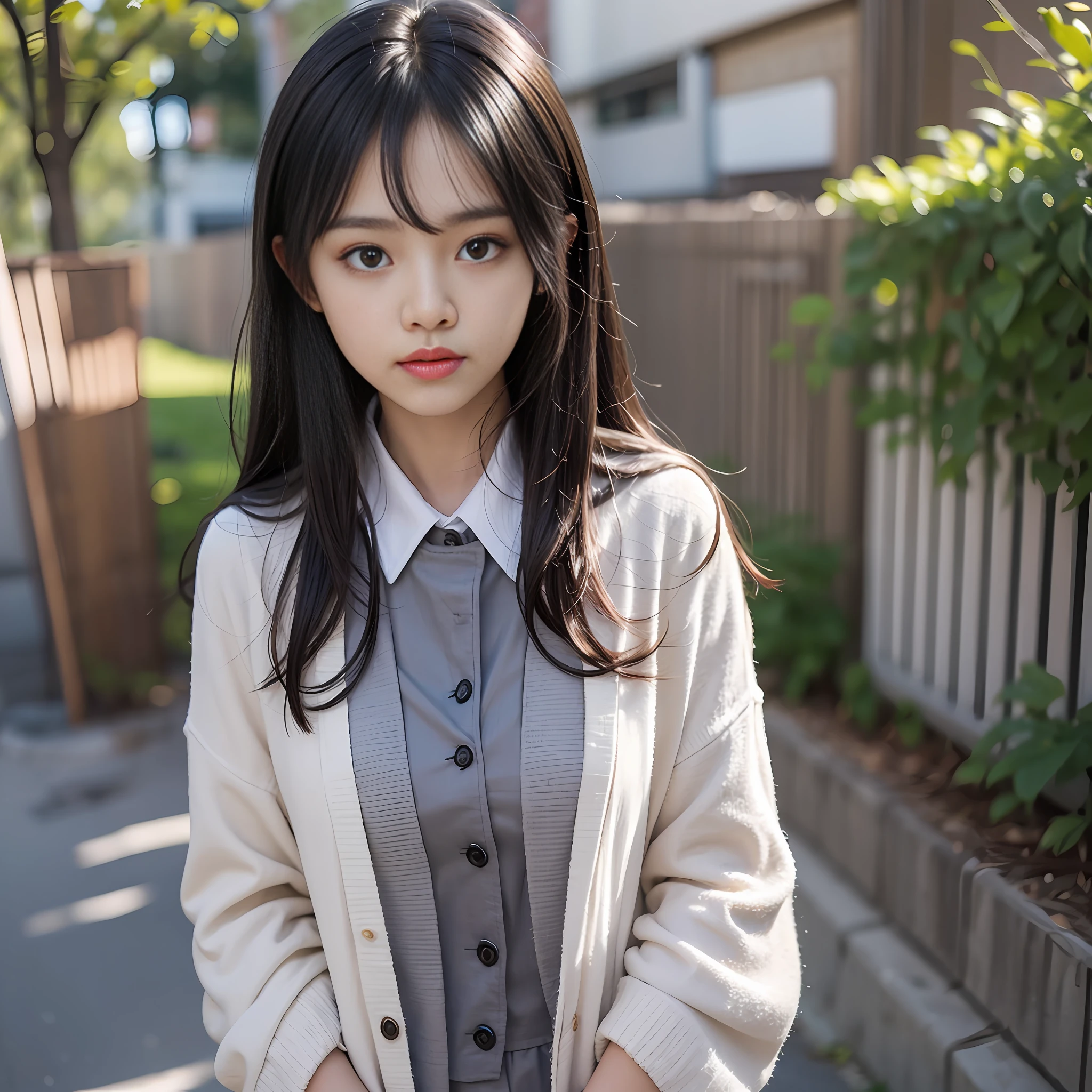 Long hair with a shawl，youthfulness，high-school student，student school uniform，Delicate，beatifull，Pure，Quiet beautiful girl，Petite，looking at me，standingn，Facing me，校服，black-hair，teens girl，Poor milk，springtime，suburb，Realiy